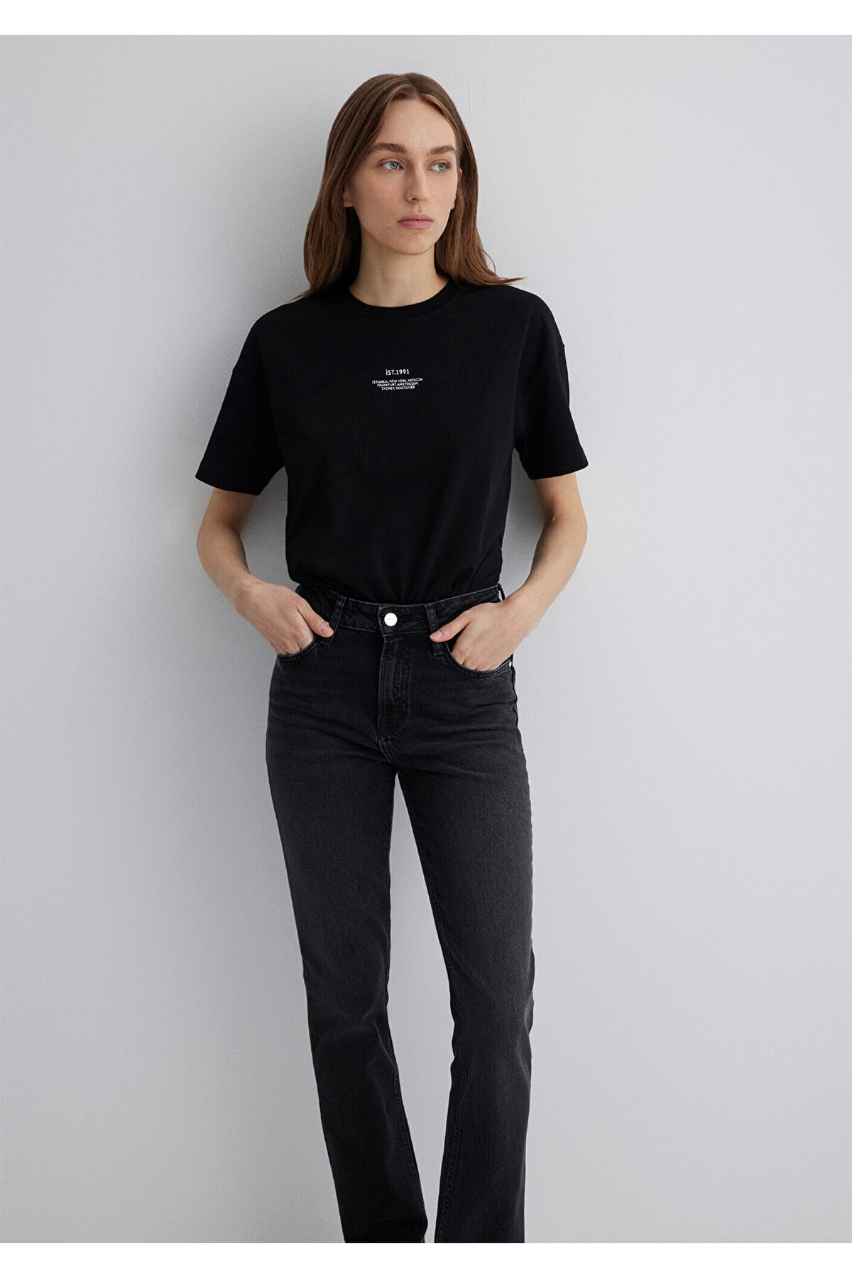 Baskılı Siyah Tişört Loose Fit / Bol Rahat Kesim 1613212-900