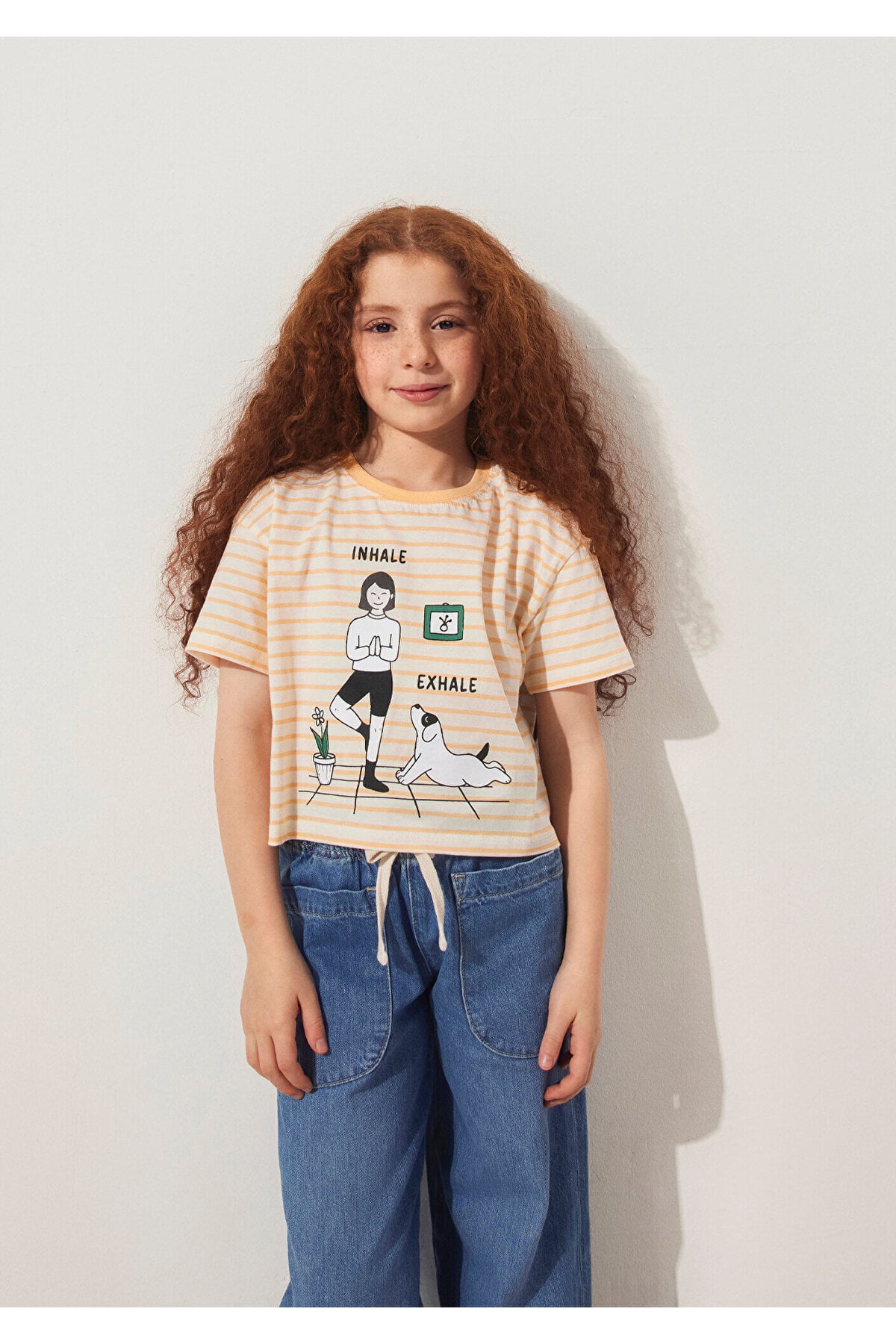 Baskılı Turuncu Çizgili Tişört Loose Fit / Bol Rahat Kesim 7610273-89144