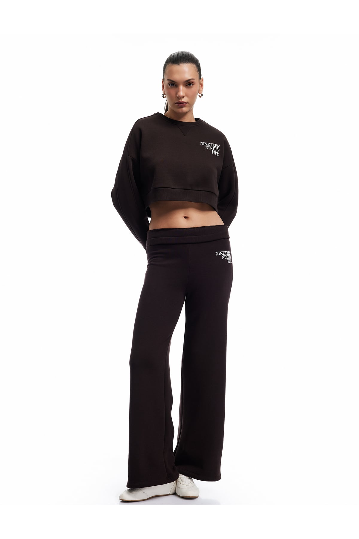 Baskılı Uzun Kollu Bisiklet Yaka Şardonlu Oversize Crop Sweatshirt