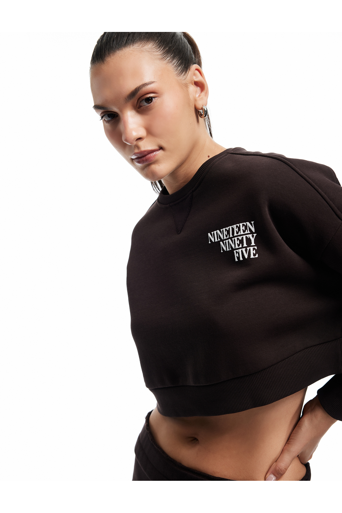 Baskılı Uzun Kollu Bisiklet Yaka Şardonlu Oversize Crop Sweatshirt