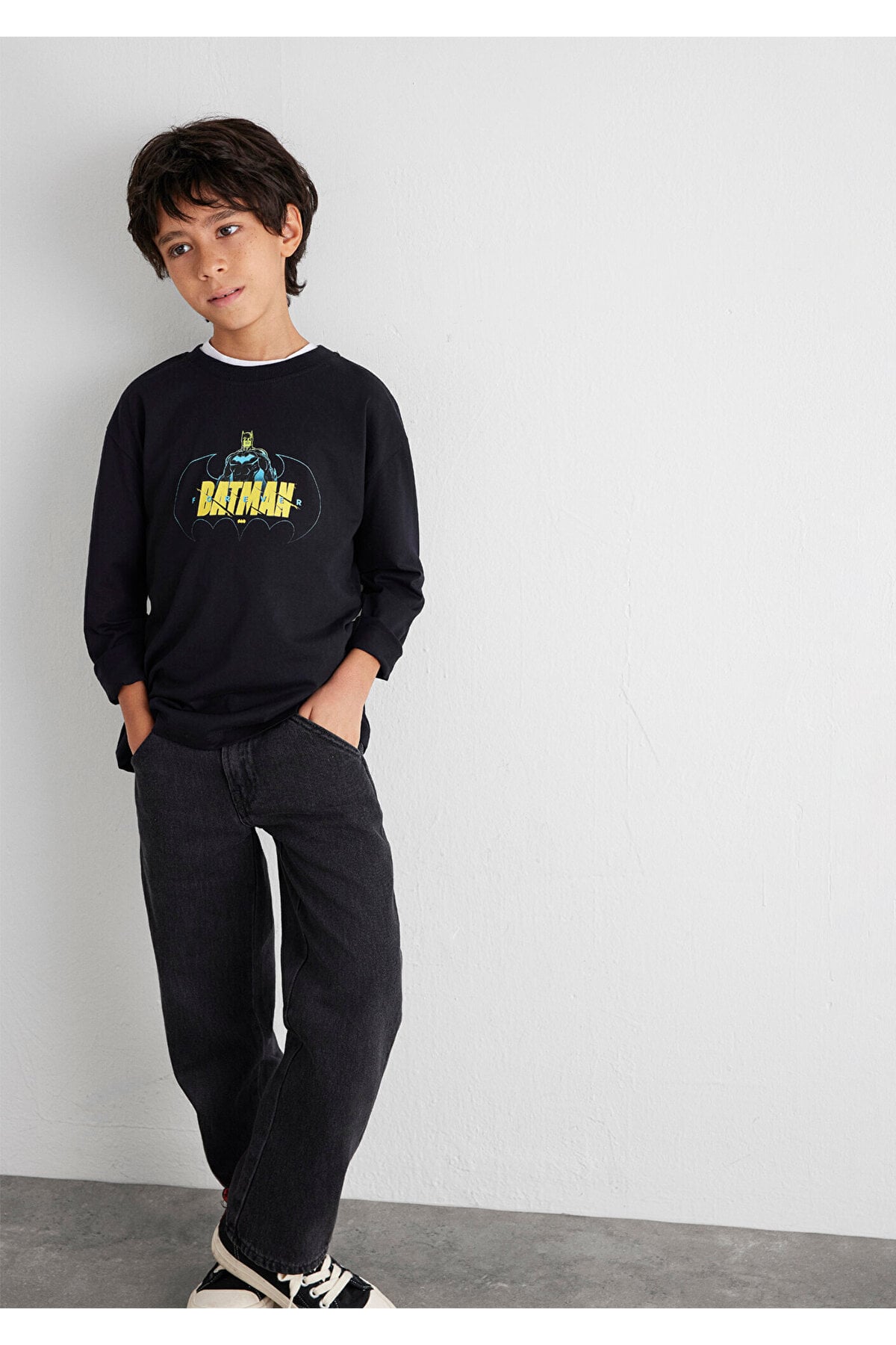Batman Baskılı Siyah Tişört Loose Fit / Bol Rahat Kesim 6610294-900