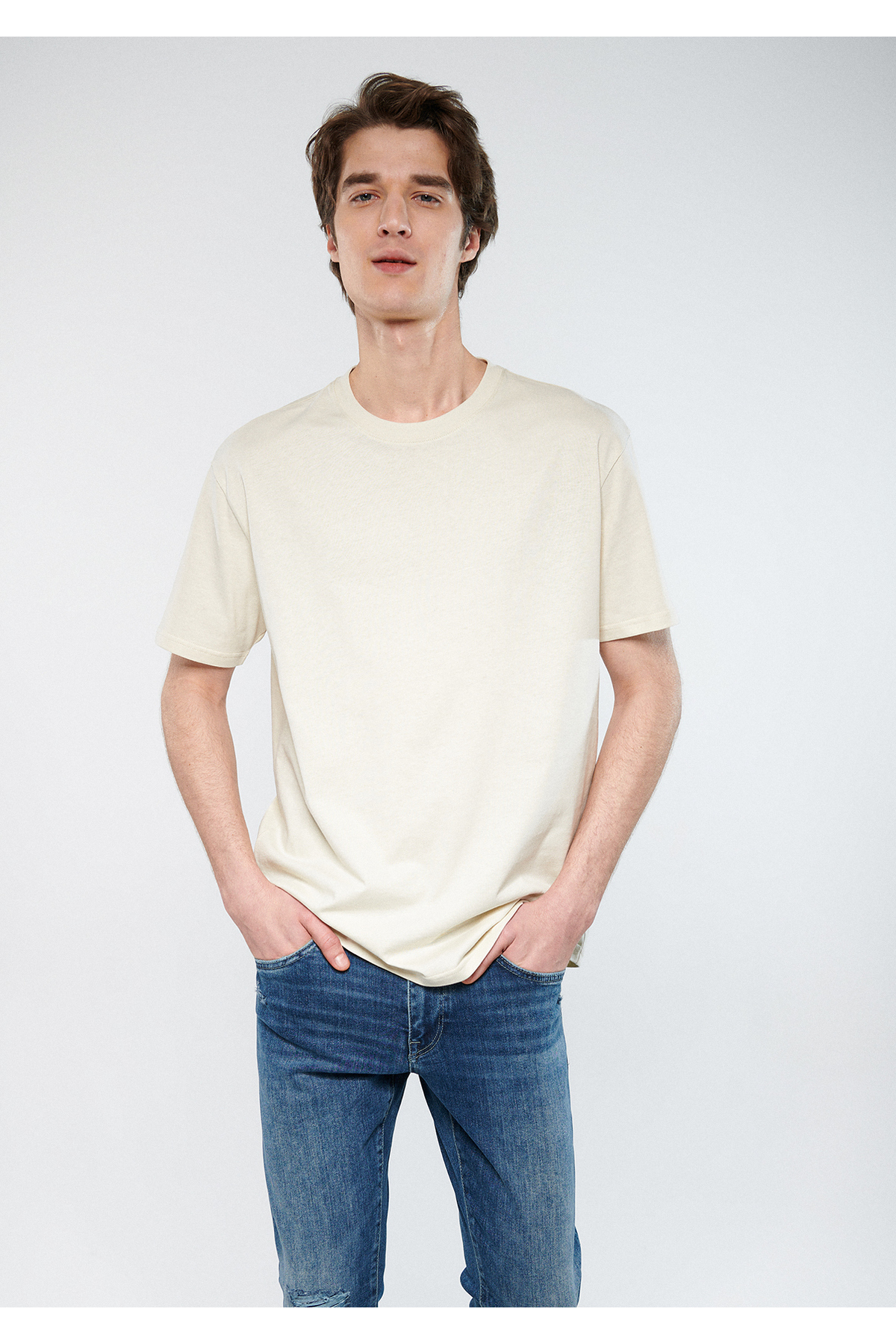 Bej Basic Tişört Loose Fit / Bol Rahat Kesim 066249-70134