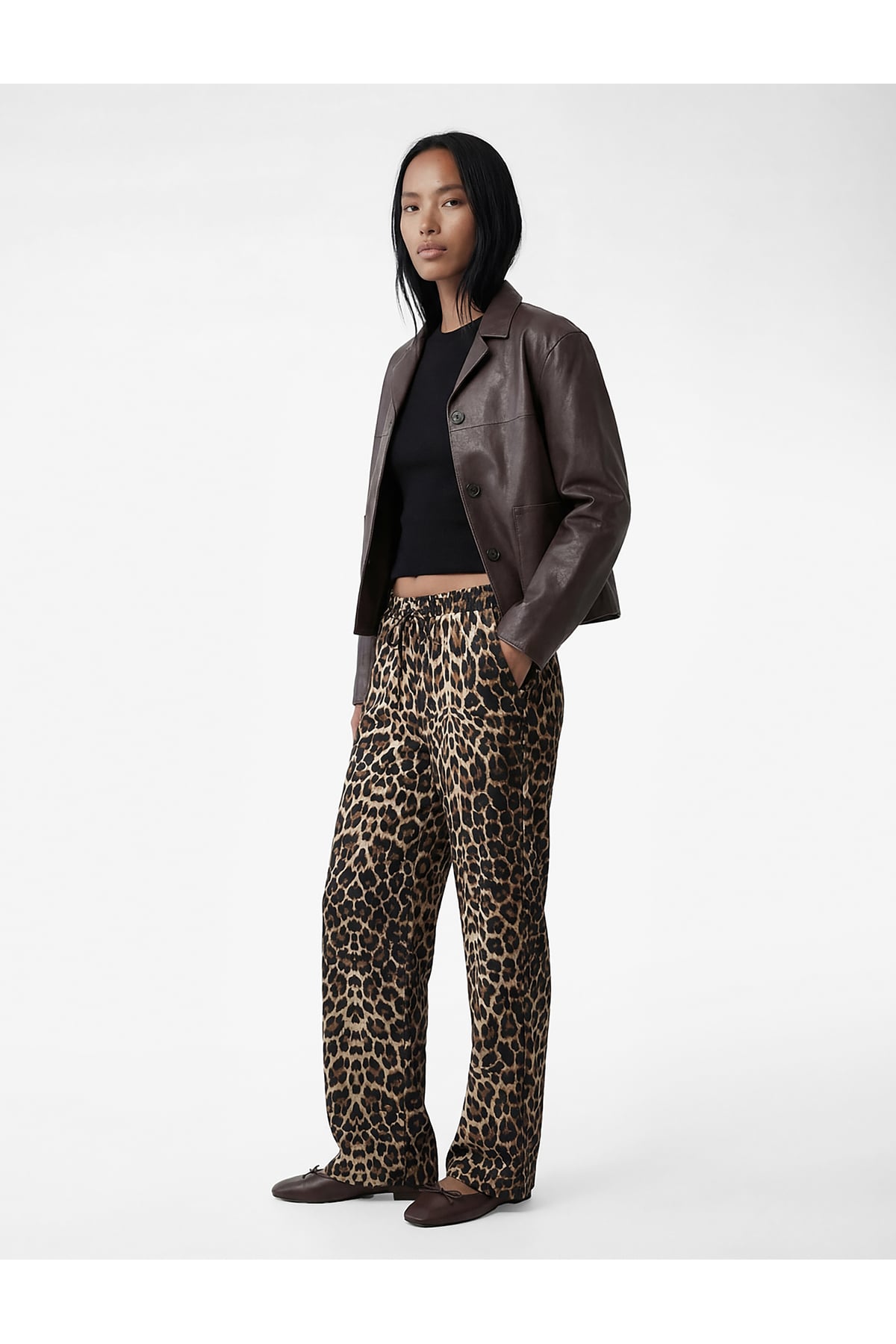 Beli Bağcıklı Cepli Leopar Desenli Geniş Paça Pantolon