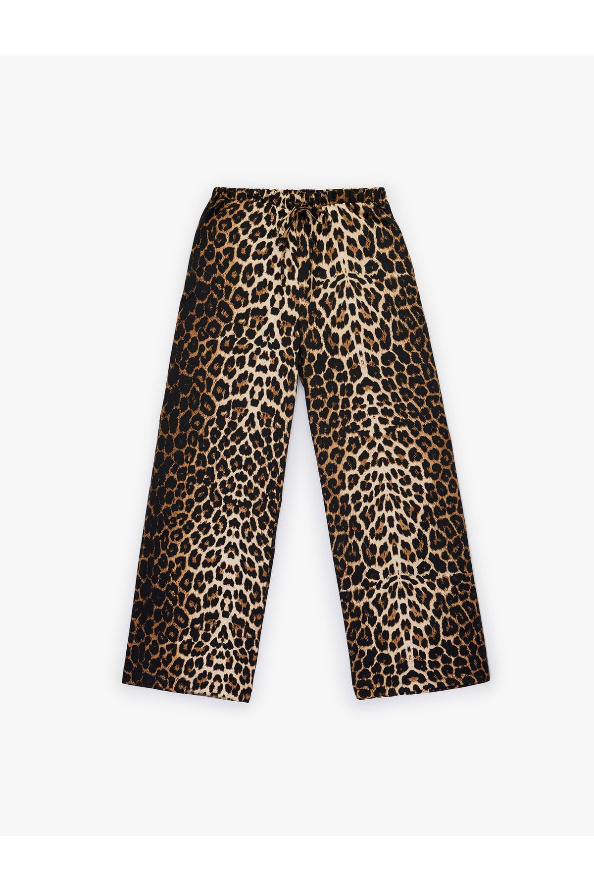 Beli Bağcıklı Cepli Leopar Desenli Geniş Paça Pantolon