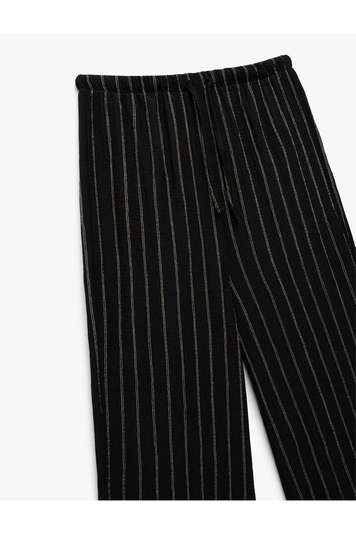 Beli Bağcıklı Çizgili Düz Uzun Paça Pantolon