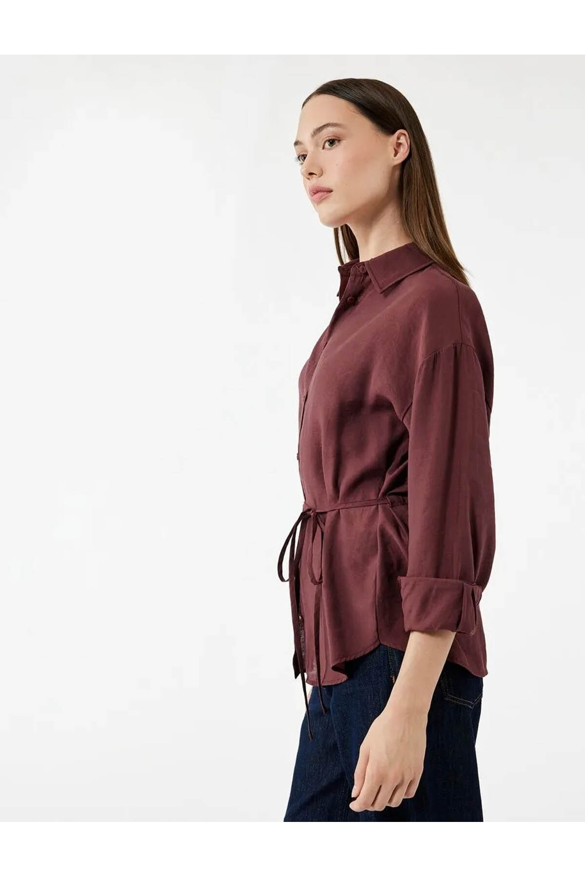 Beli Bağlama Detaylı Oversize Bordo Kadın Gömlek 6WAK60017PW