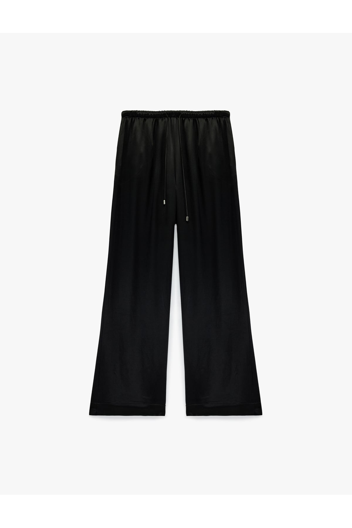 Beli Bağlamalı Düz Bol Paça Saten Pantolon
