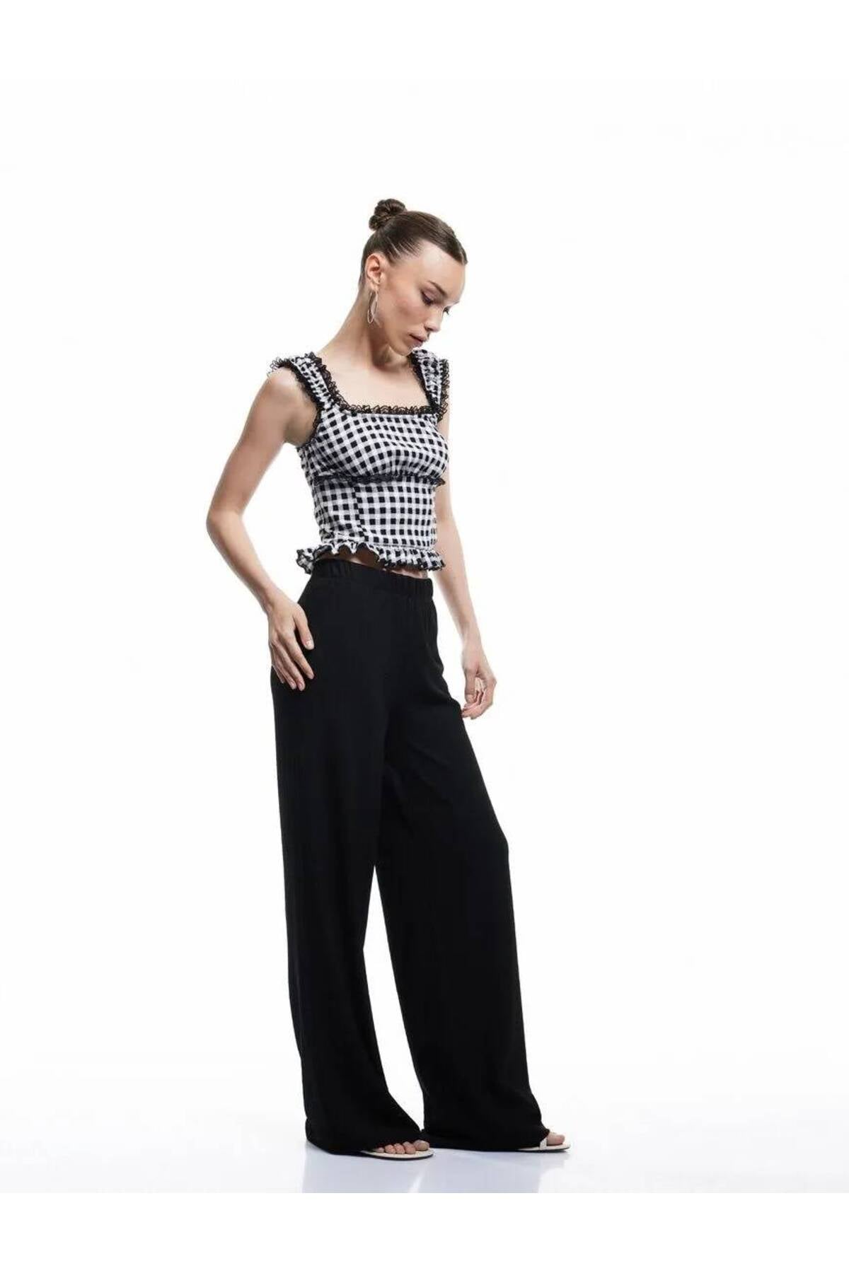 Beli Lastikli Bürümcük Geniş Paça Siyah Kadın Pantolon 6Wal40009Ik