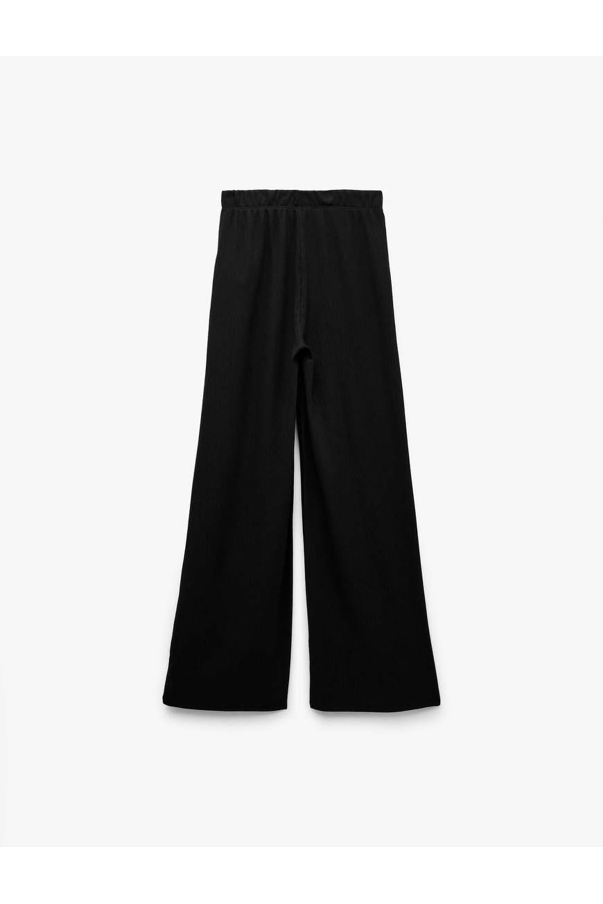 Beli Lastikli Bürümcük Geniş Paça Siyah Kadın Pantolon 6Wal40009Ik