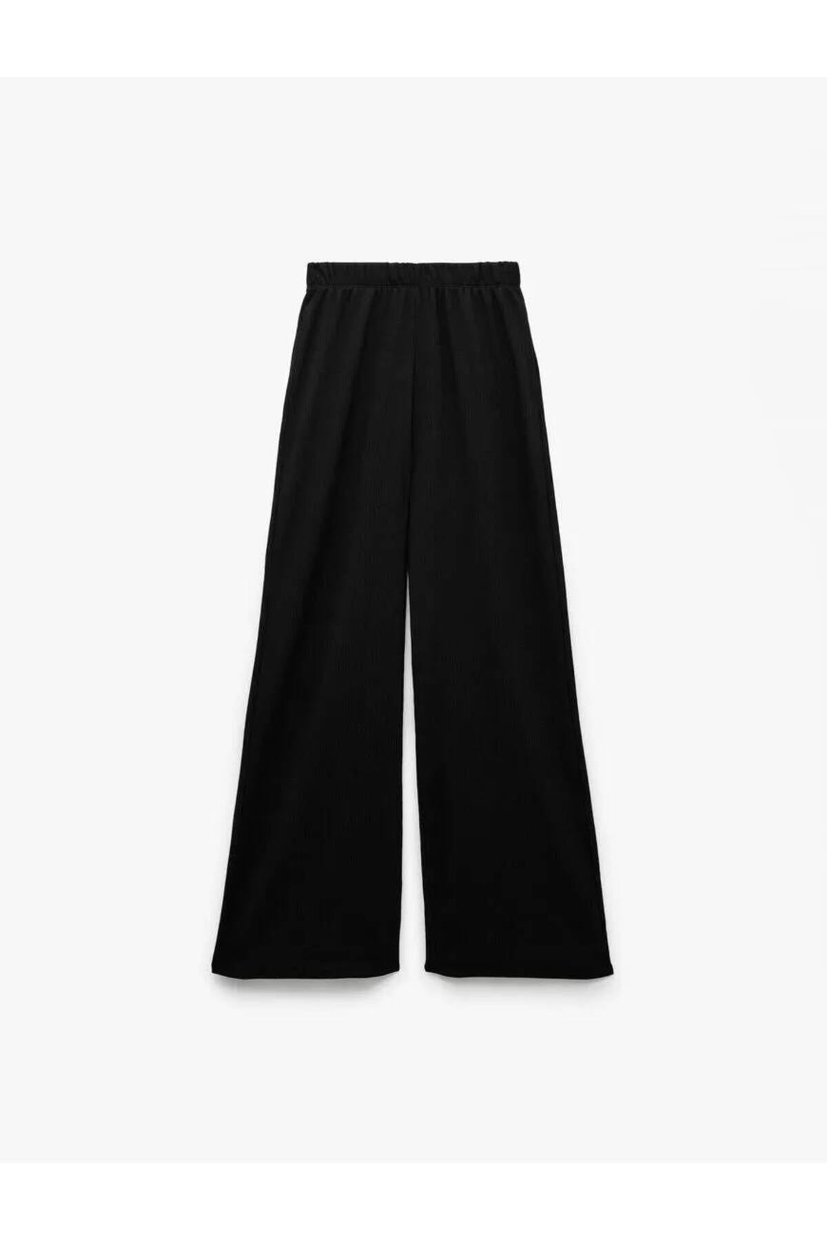 Beli Lastikli Bürümcük Geniş Paça Siyah Kadın Pantolon 6Wal40009Ik