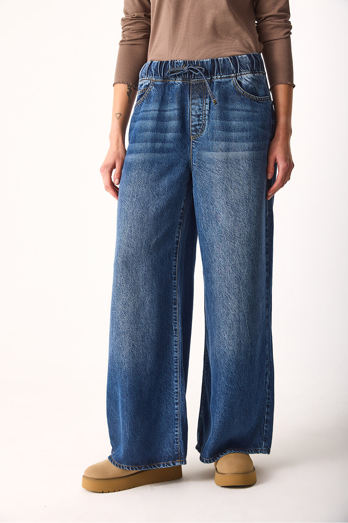 Beli Lastikli Geniş Paça Dark Blue Jean Pantolon (TM)-DARK BLUE