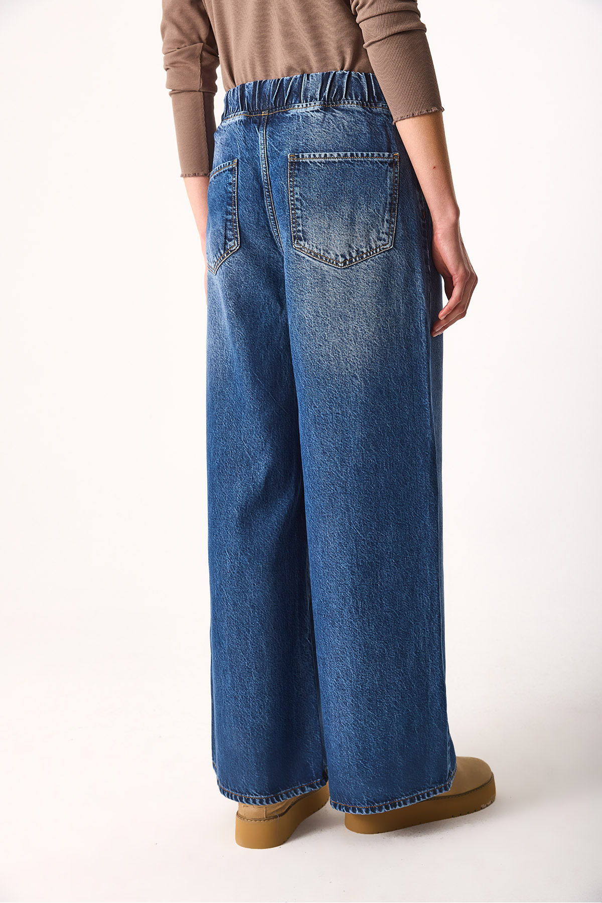 Beli Lastikli Geniş Paça Dark Blue Jean Pantolon (TM)-DARK BLUE