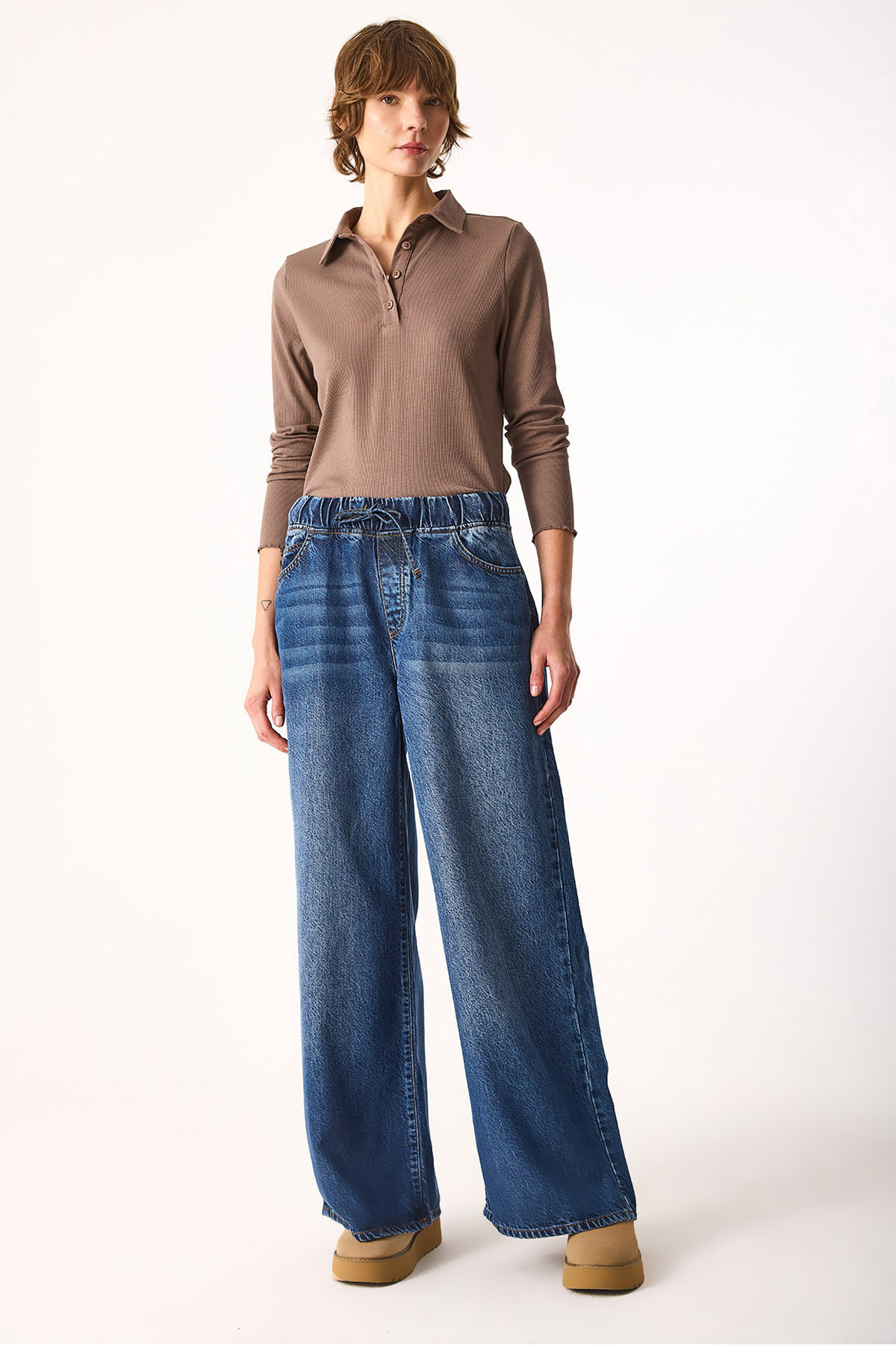 Beli Lastikli Geniş Paça Dark Blue Jean Pantolon (TM)-DARK BLUE