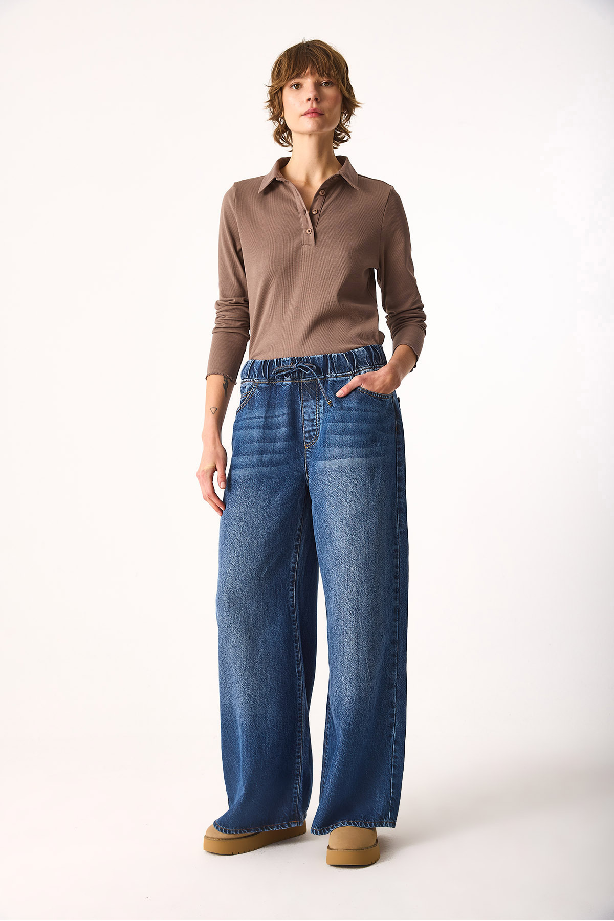 Beli Lastikli Geniş Paça Dark Blue Jean Pantolon (TM)-DARK BLUE