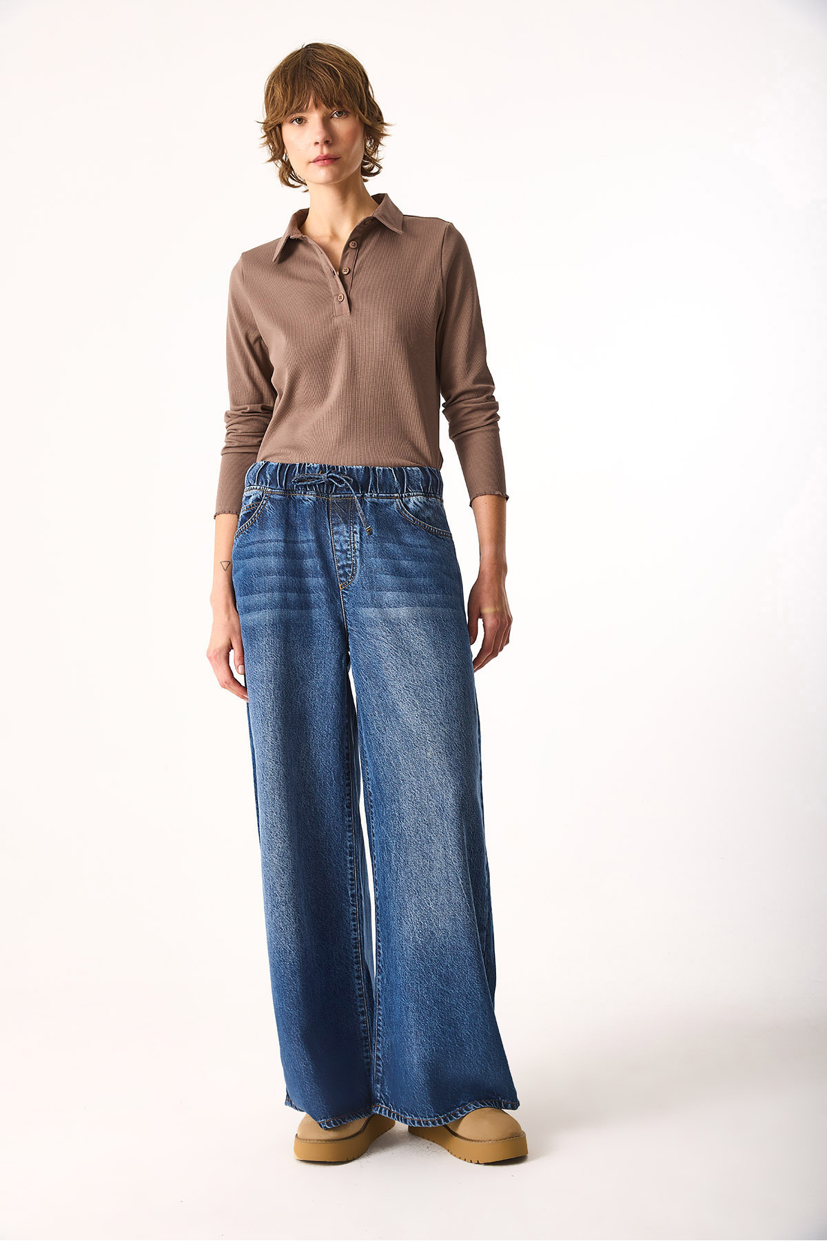 Beli Lastikli Geniş Paça Dark Blue Jean Pantolon (TM)-DARK BLUE