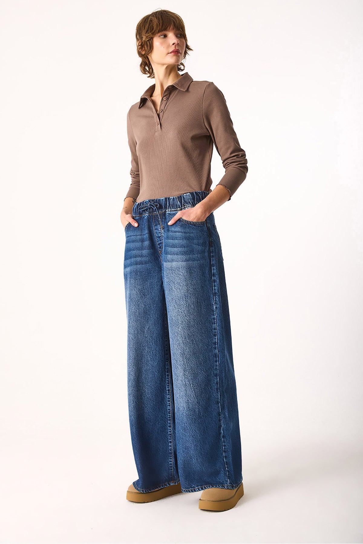 Beli Lastikli Geniş Paça Dark Blue Jean Pantolon (TM)-DARK BLUE