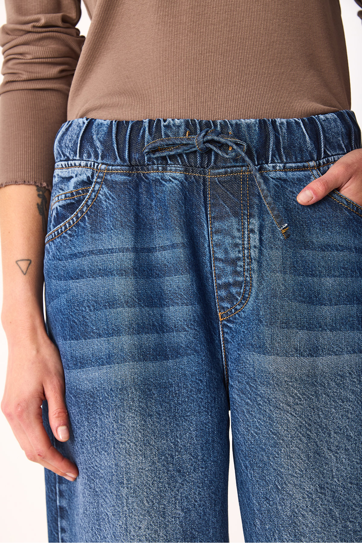 Beli Lastikli Geniş Paça Dark Blue Jean Pantolon (TM)-DARK BLUE