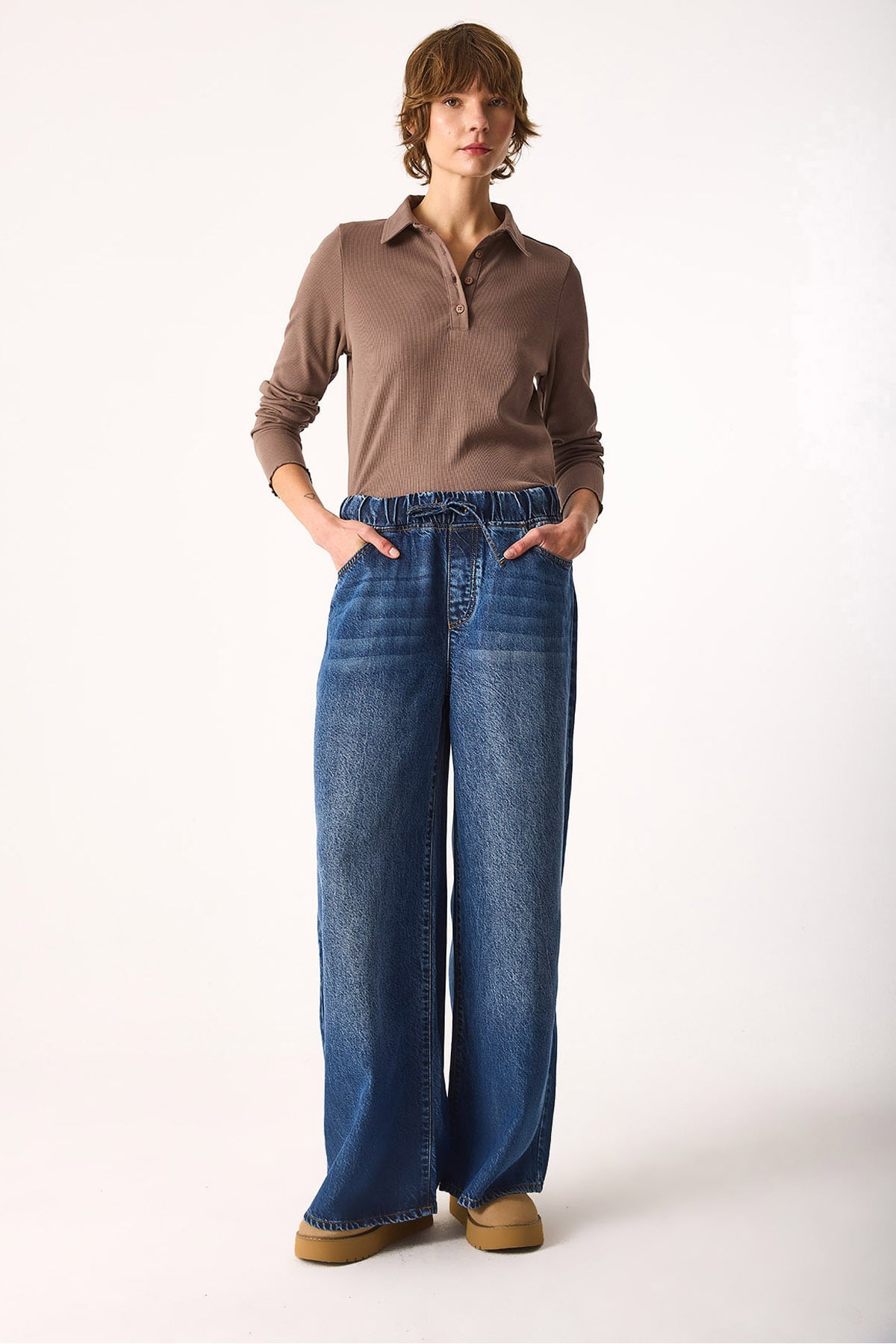 Beli Lastikli Geniş Paça Dark Blue Jean Pantolon (TM)-DARK BLUE