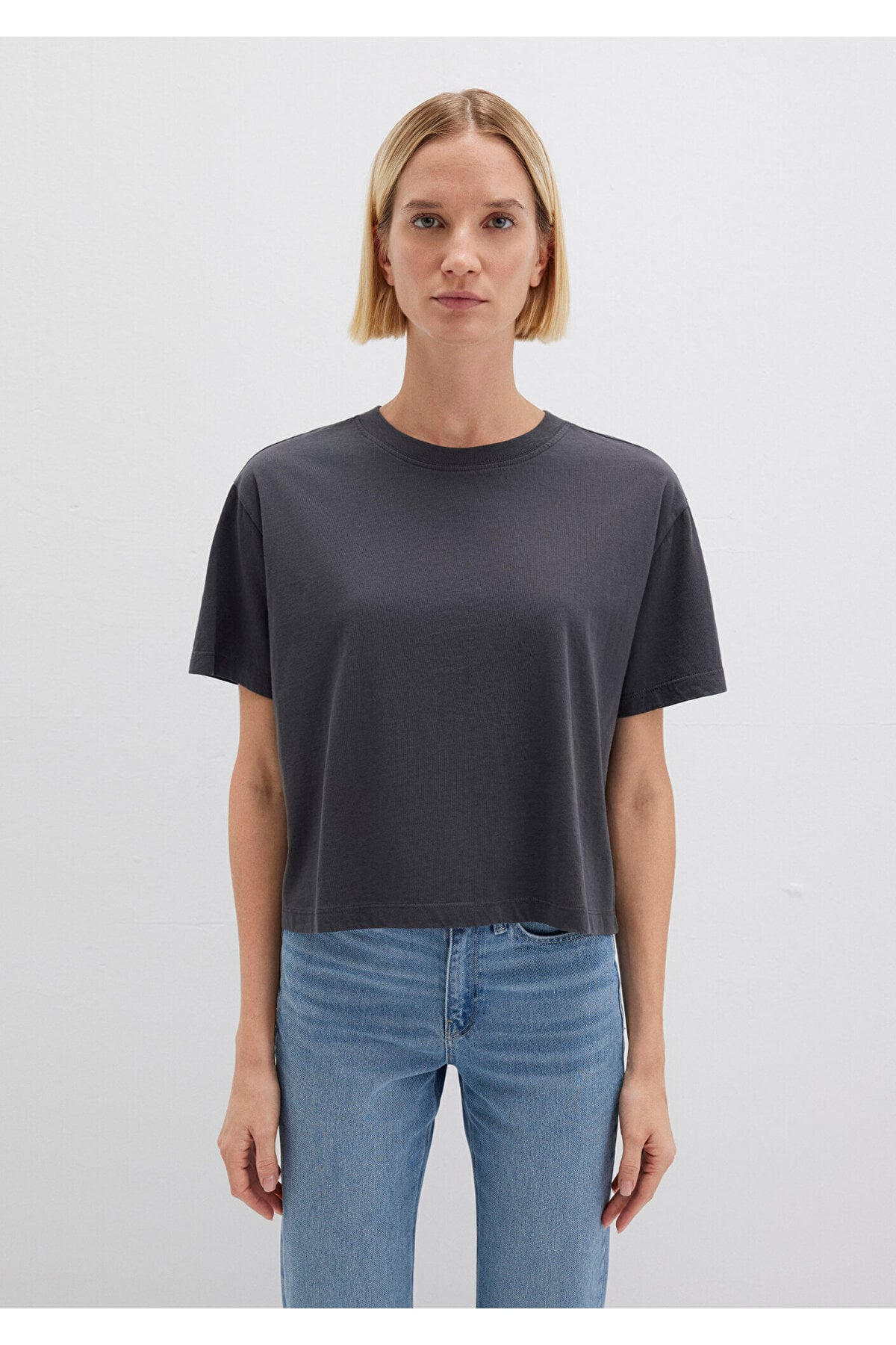 Bisiklet Yaka Antrasit Basic Tişört Boxy Fit 1611651-70087