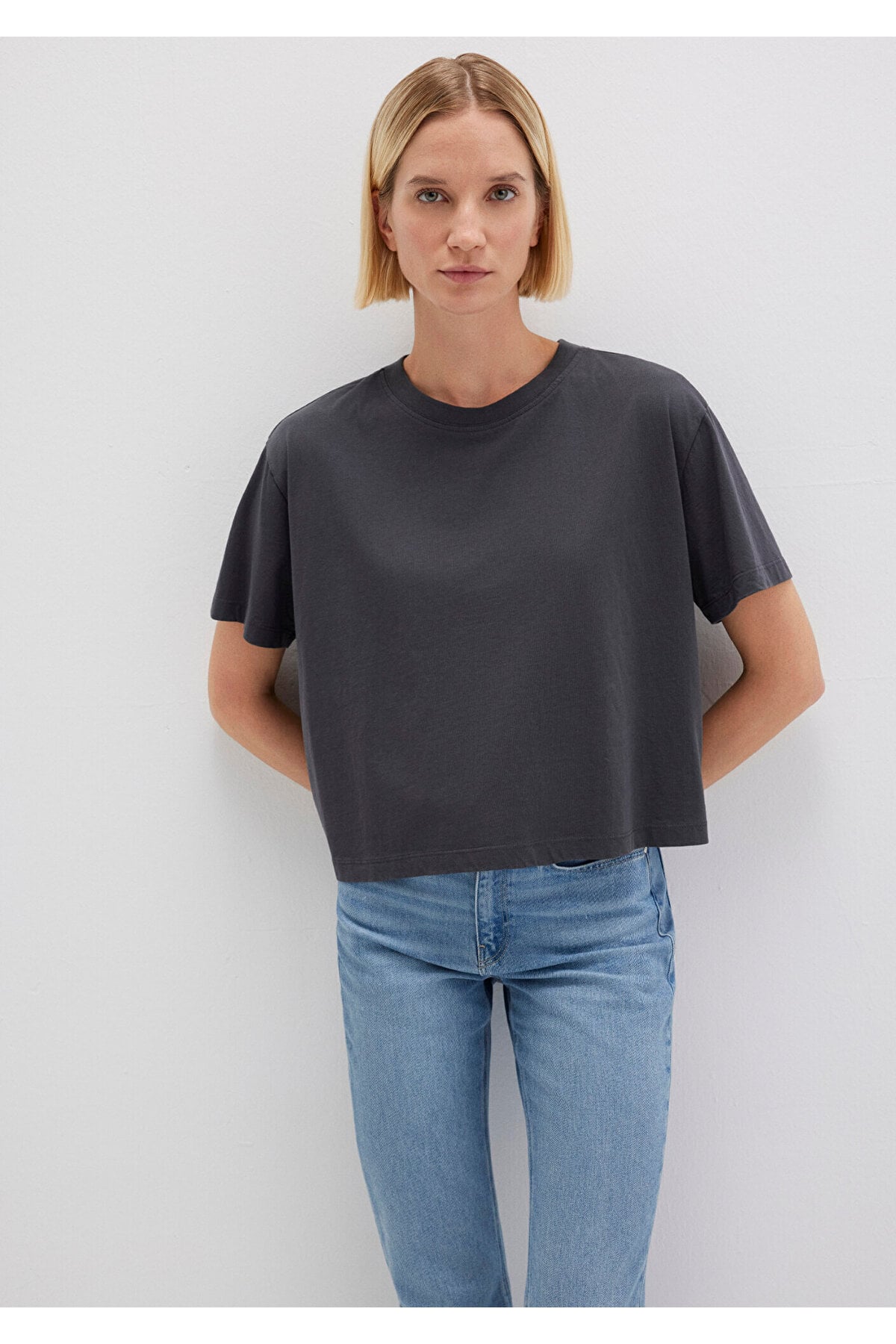 Bisiklet Yaka Antrasit Basic Tişört Boxy Fit 1611651-70087