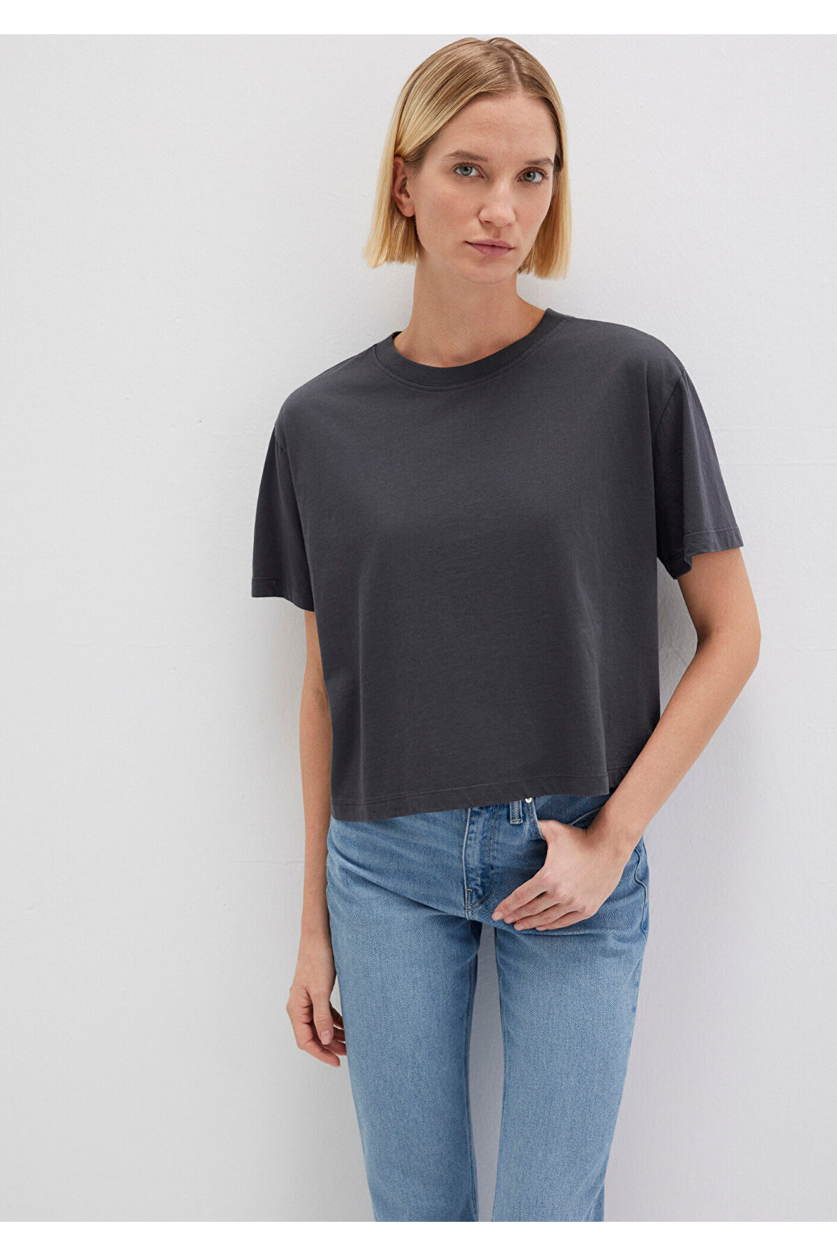 Bisiklet Yaka Antrasit Basic Tişört Boxy Fit 1611651-70087