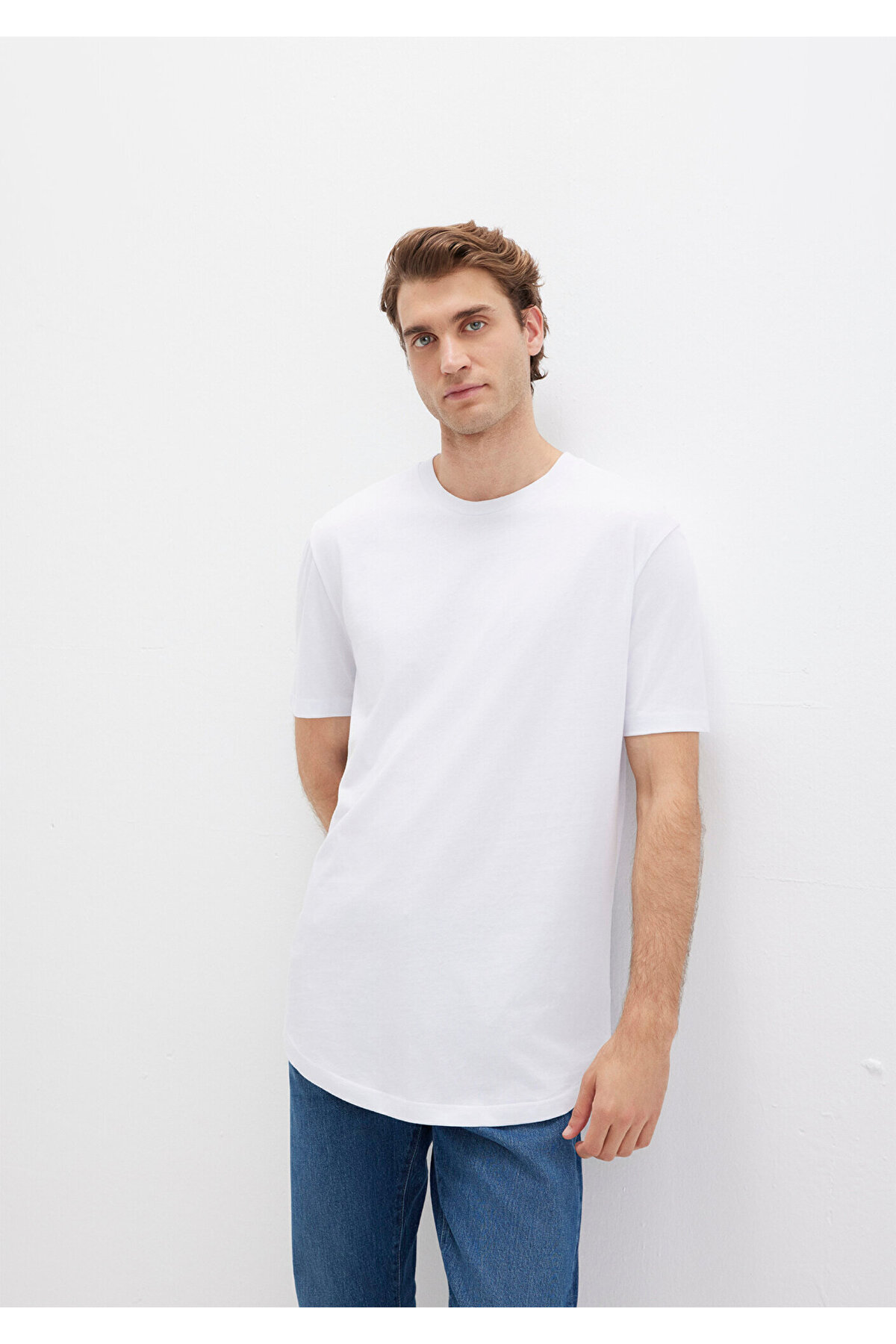 Bisiklet Yaka Beyaz Basic Tişört Slim Long Fit / Slim Uzun Kesim 067082-620