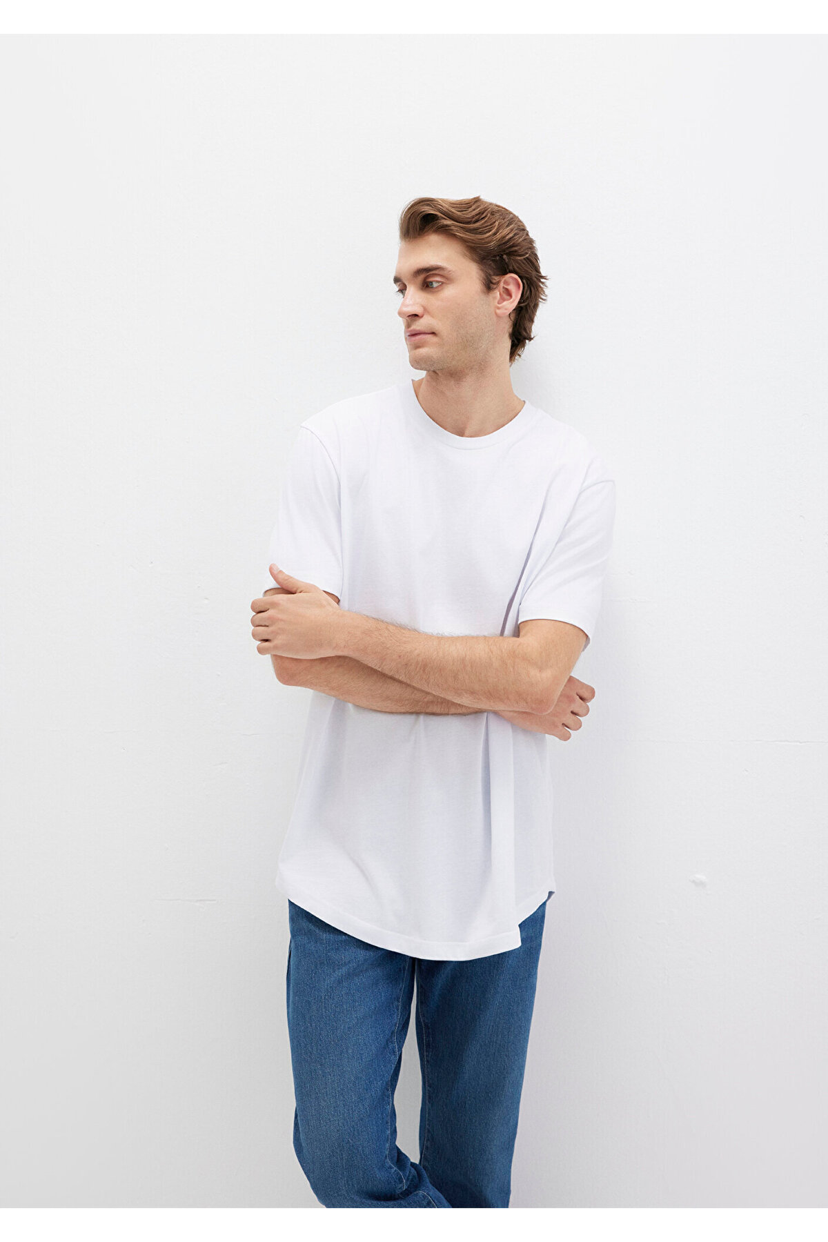 Bisiklet Yaka Beyaz Basic Tişört Slim Long Fit / Slim Uzun Kesim 067082-620