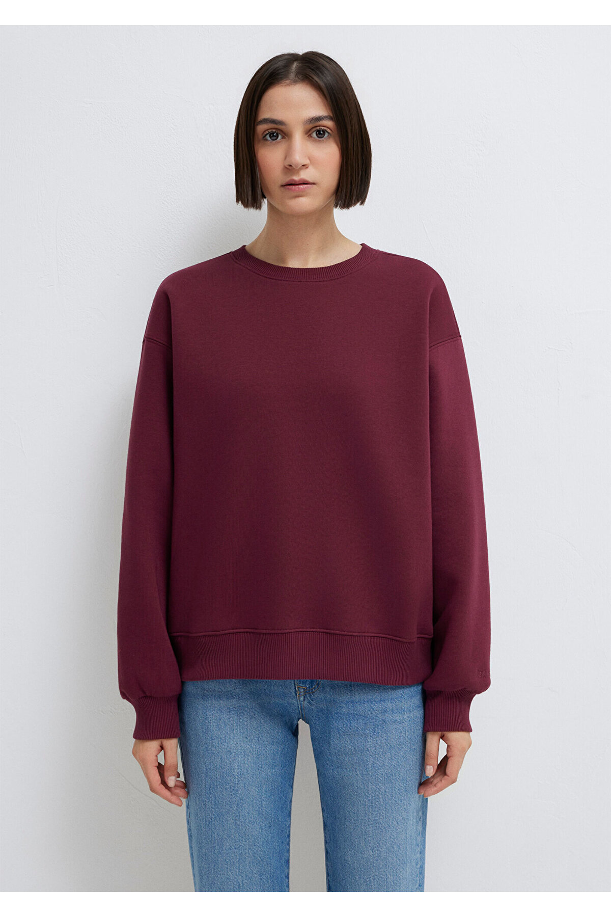 Bisiklet Yaka Bordo Basic Sweatshirt 1610198-70415