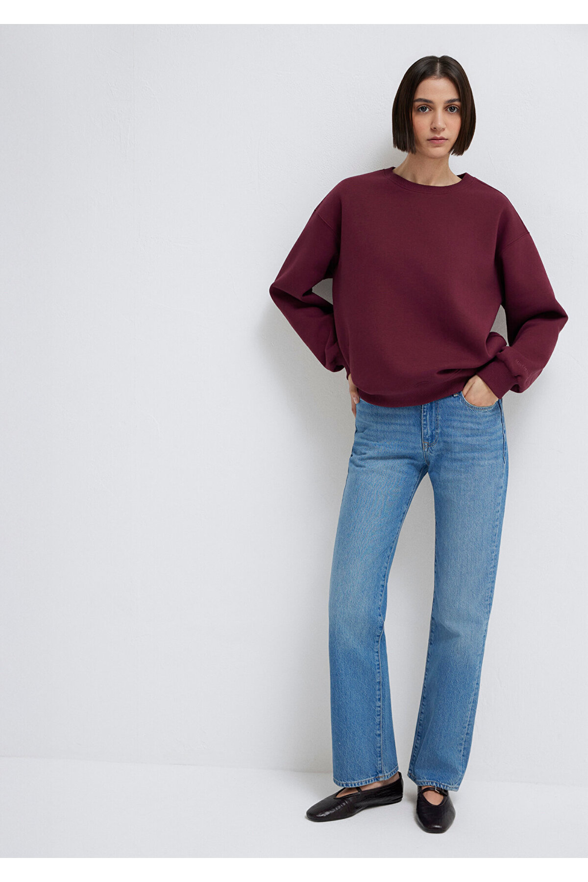 Bisiklet Yaka Bordo Basic Sweatshirt 1610198-70415