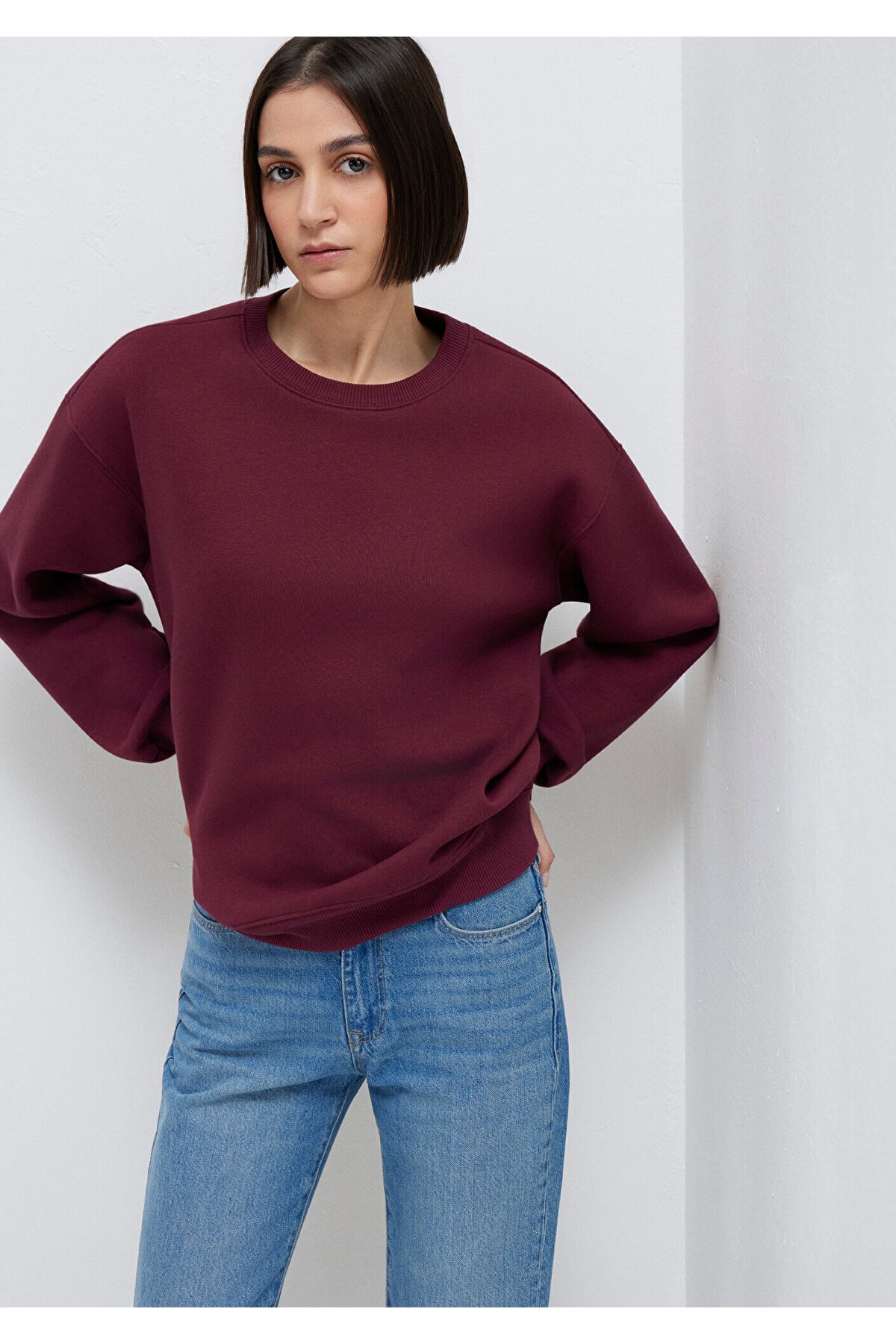 Bisiklet Yaka Bordo Basic Sweatshirt 1610198-70415