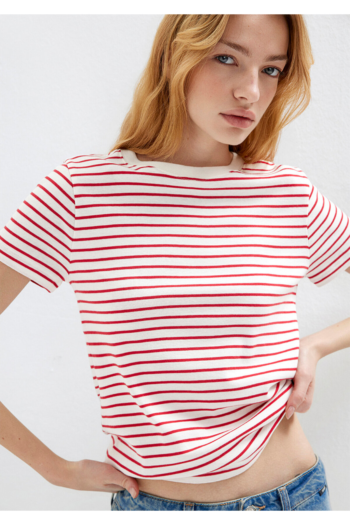 Bisiklet Yaka Çizgili Kırmızı Tişört Slim Fit / Dar Kesim 1612881-86680