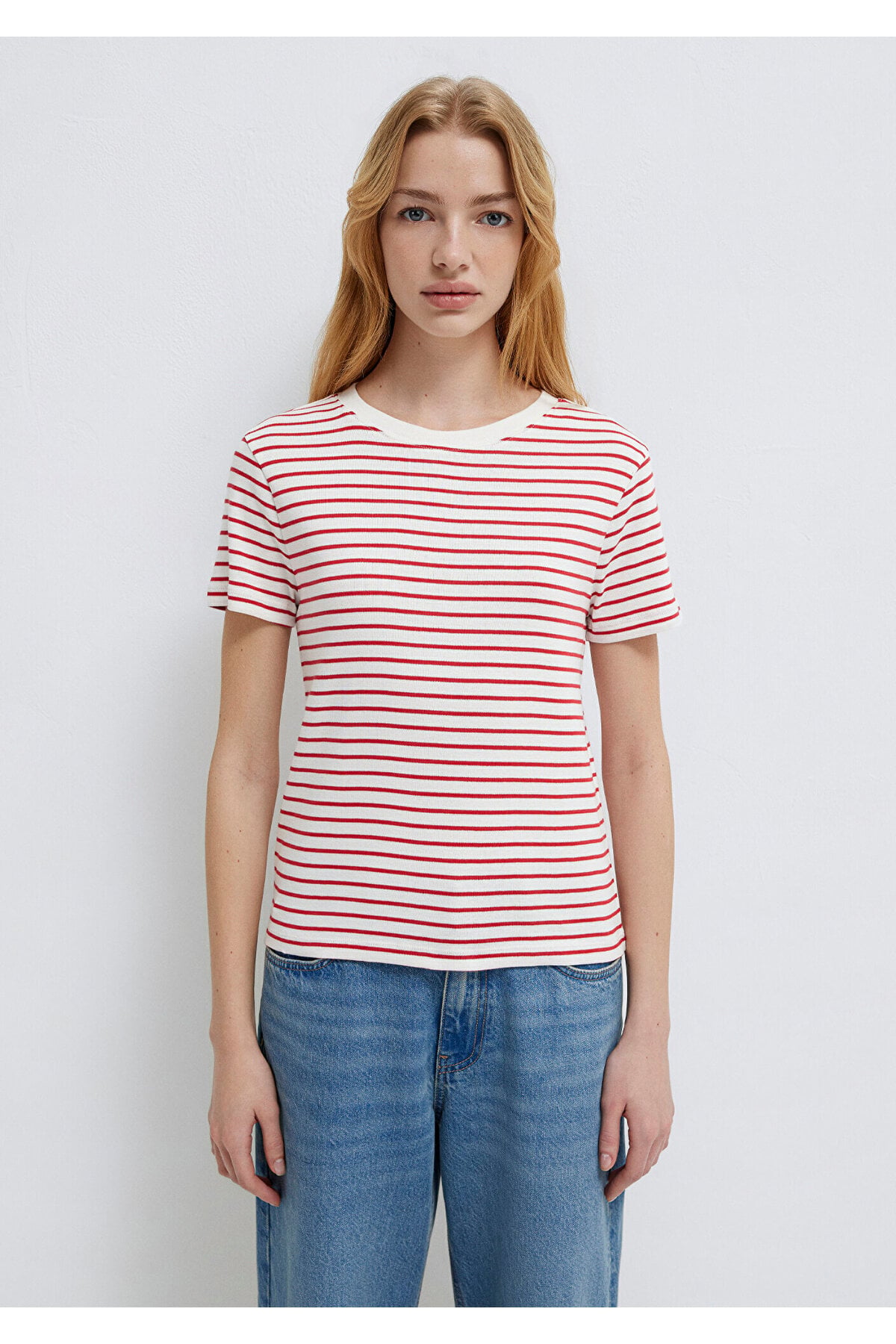 Bisiklet Yaka Çizgili Kırmızı Tişört Slim Fit / Dar Kesim 1612881-86680