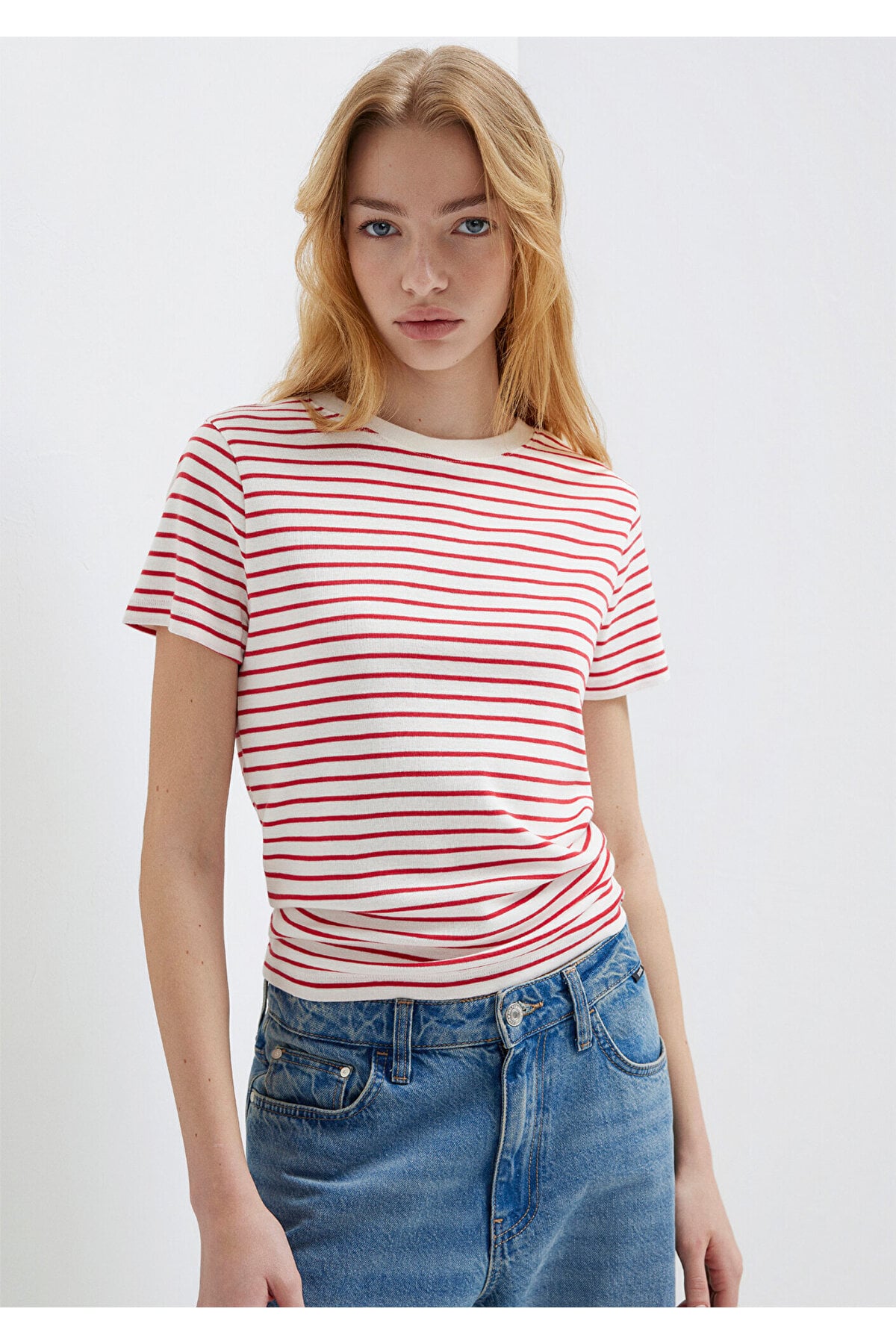 Bisiklet Yaka Çizgili Kırmızı Tişört Slim Fit / Dar Kesim 1612881-86680