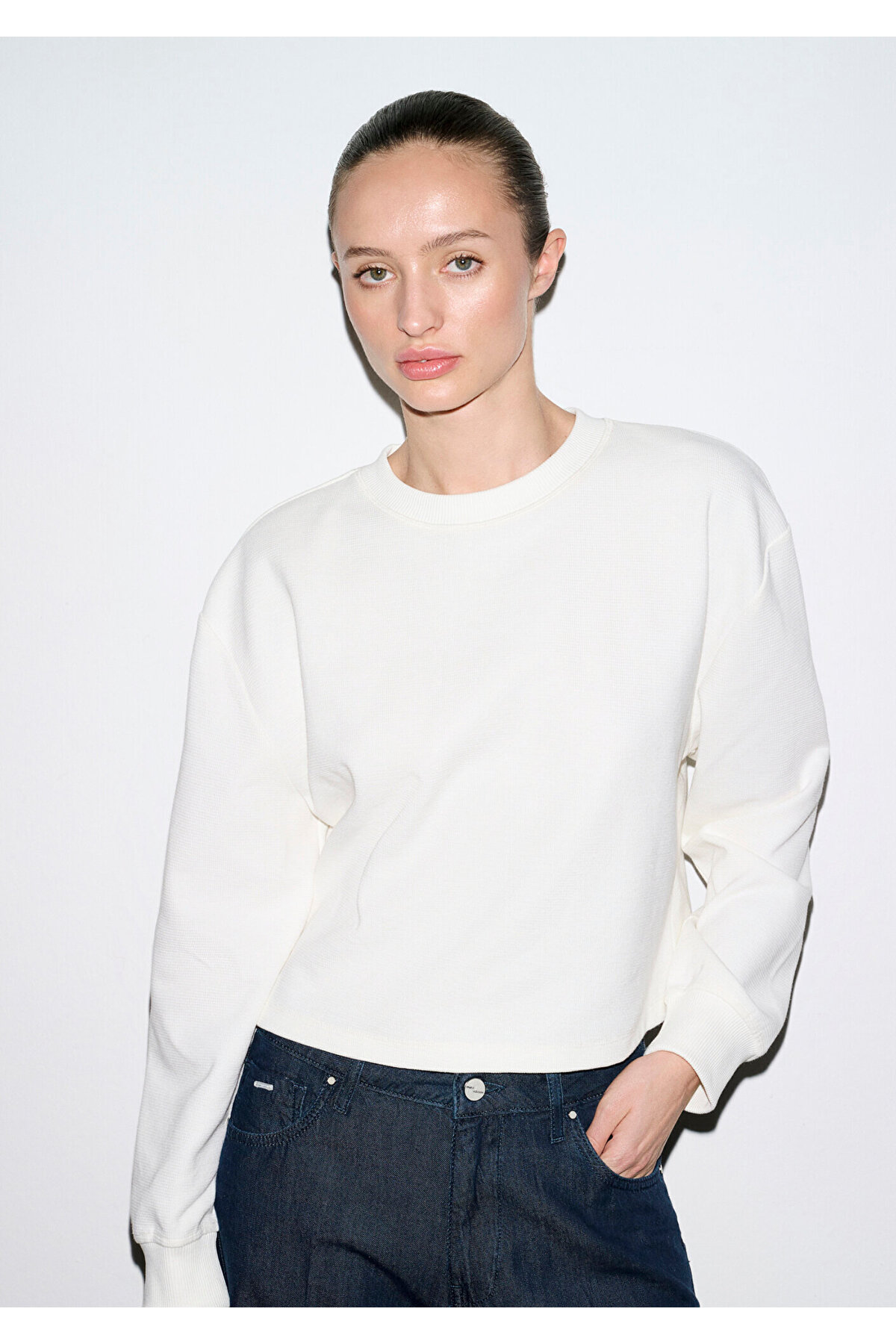 Bisiklet Yaka Ekru Sweatshirt 1S10508-70051