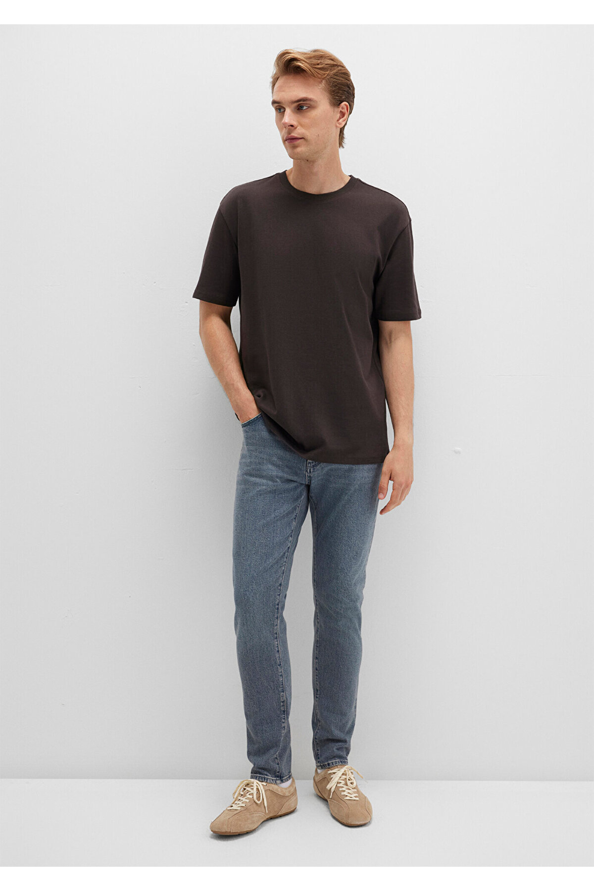 Bisiklet Yaka Kahverengi Basic Tişört Loose Fit / Bol Rahat Kesim 0611596-70219