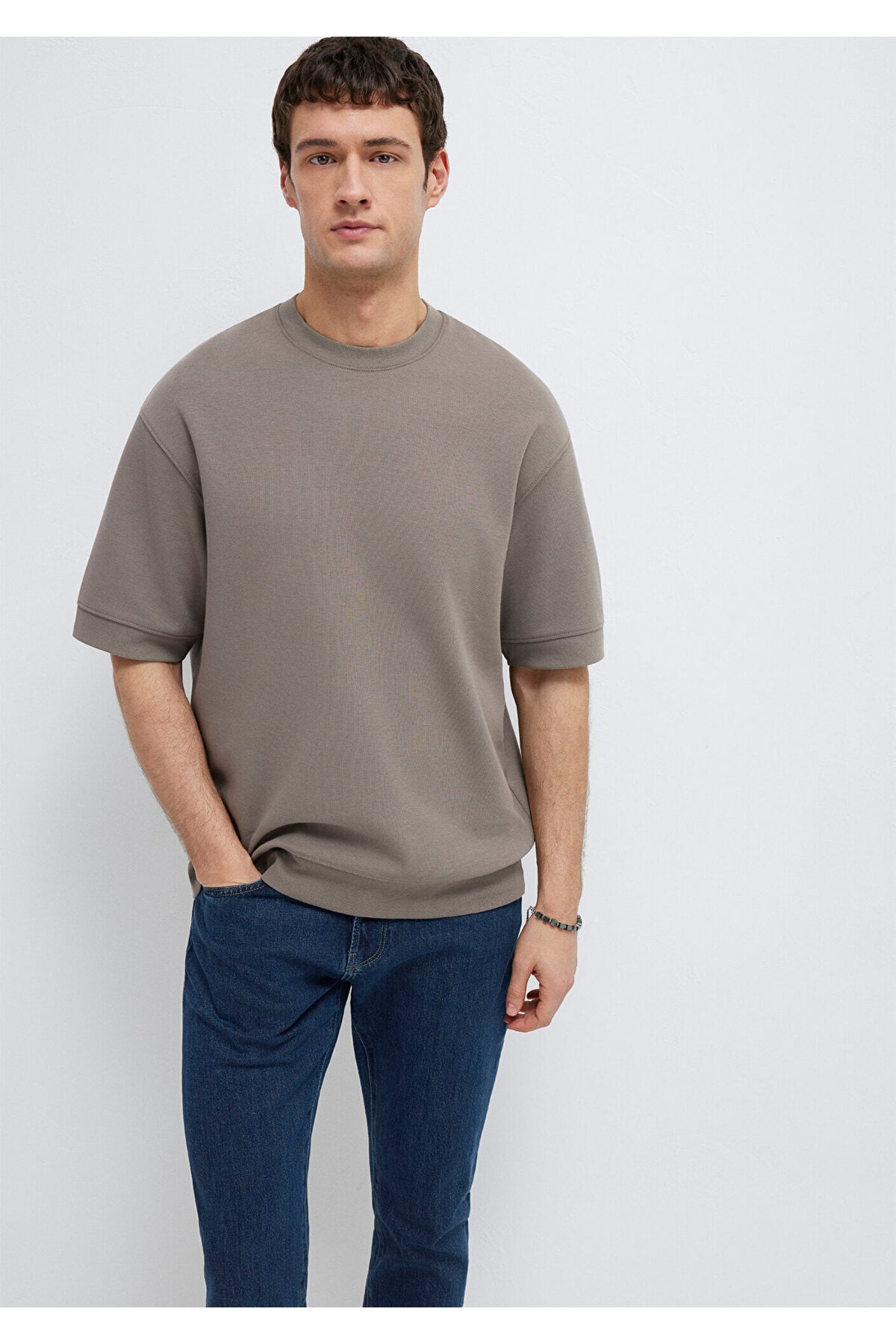 Bisiklet Yaka Kahverengi Tişört Loose Fit / Bol Rahat Kesim 0611614-87875