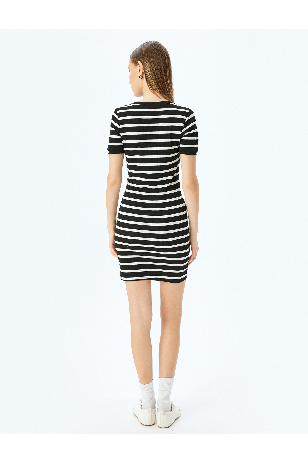 Bisiklet Yaka Kısa Kollu Fitilli Mini Bodycon Elbise