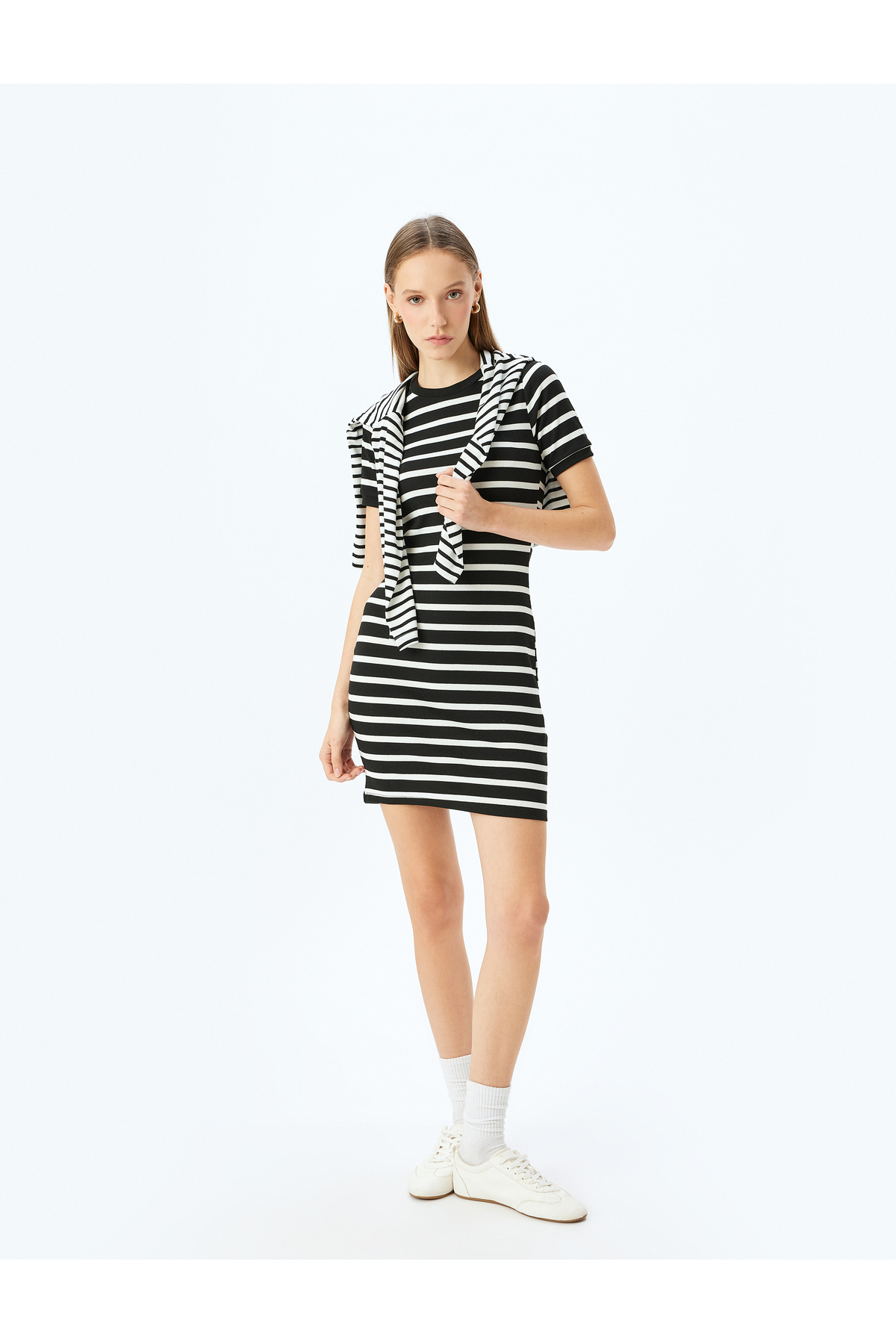 Bisiklet Yaka Kısa Kollu Fitilli Mini Bodycon Elbise