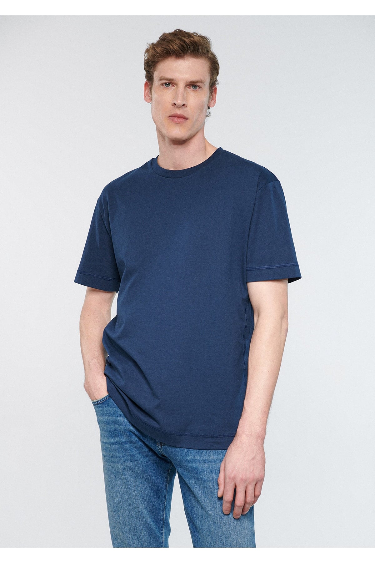Bisiklet Yaka Lacivert Tişört Loose Fit / Bol Rahat Kesim 0610124-70490