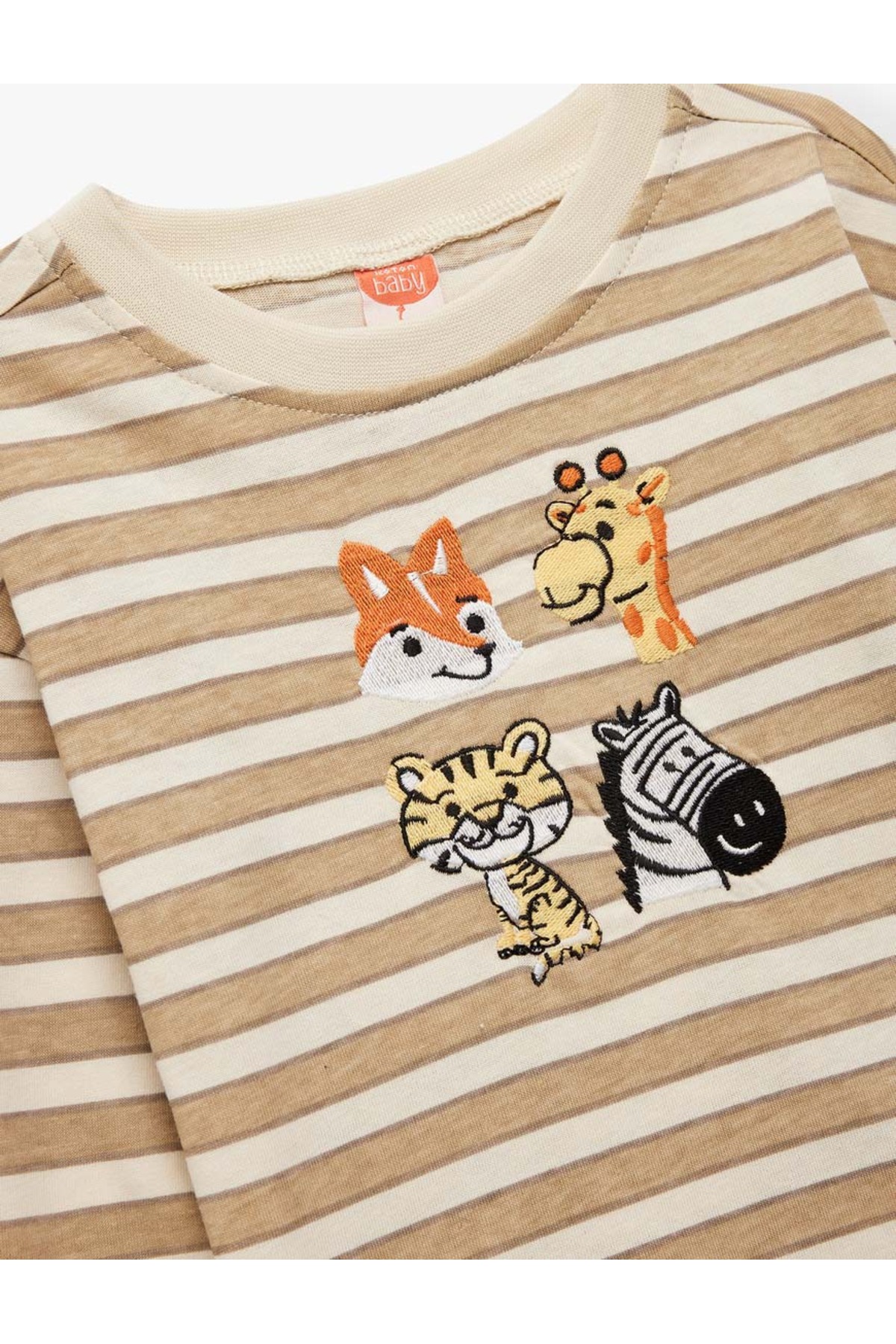 Bisiklet Yaka Nakış Detaylı Çizgili Ekru Erkek Bebek Uzun Kollu T-shirt 6WMB10174TK