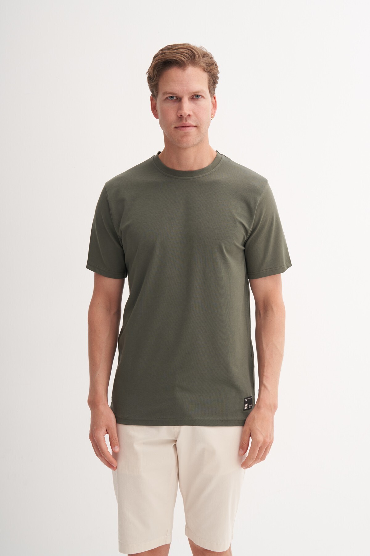 Bisiklet Yaka Regular Fit Rahat Likralı Düz Erkek Tişört Haki 41420