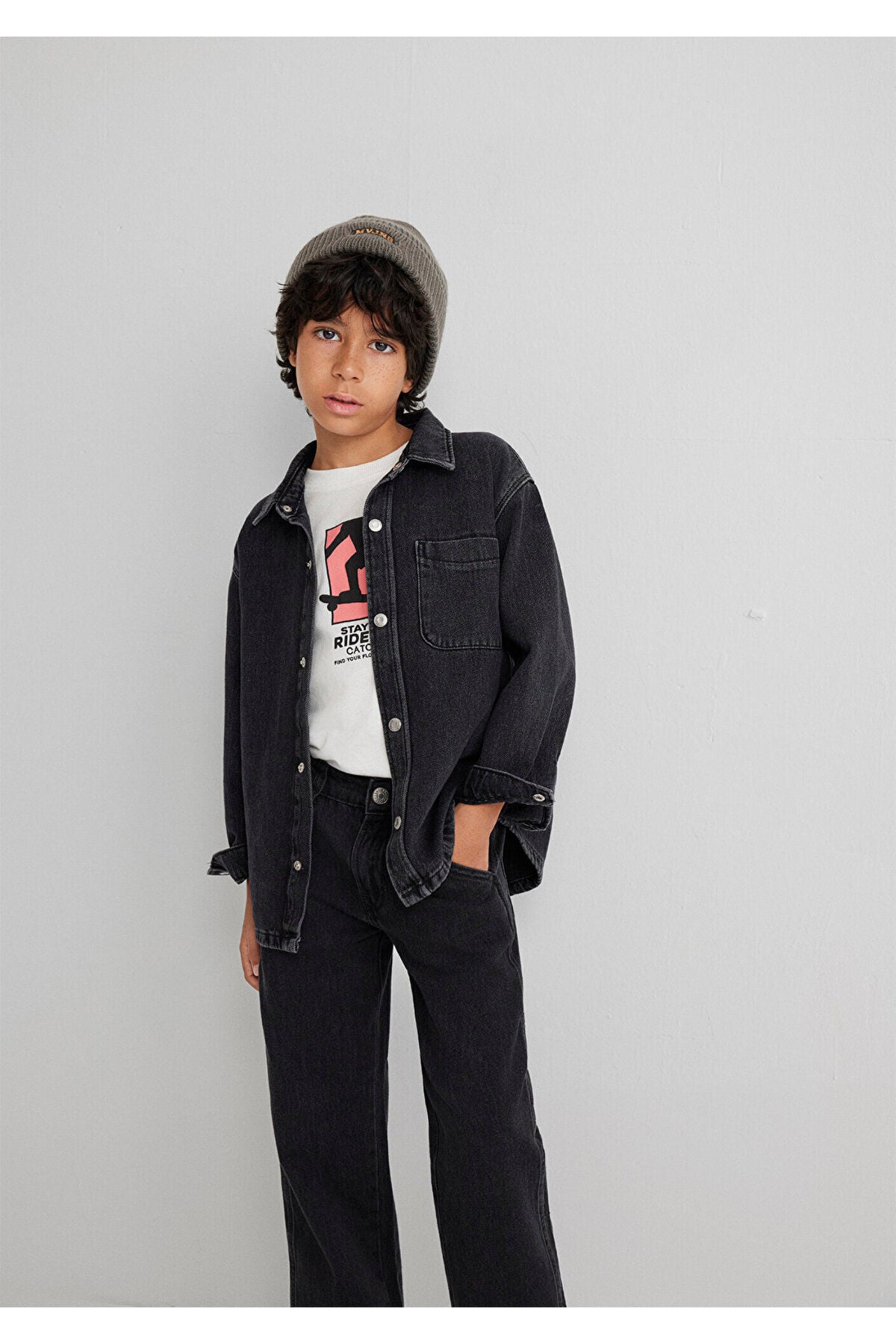 Bobbo 90lar Antrasit Denim Jean Gömlek Oversize / Geniş Kesim 6210000-89447