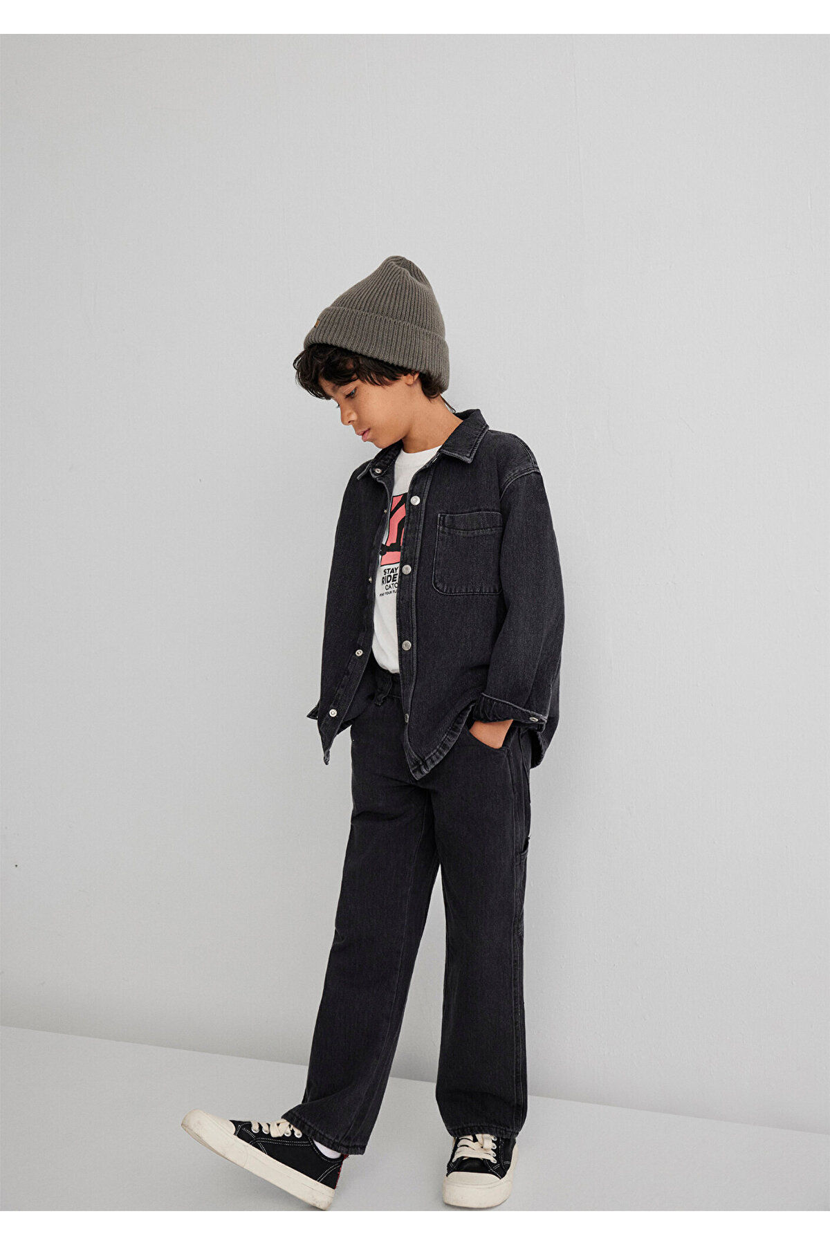 Bobbo 90lar Antrasit Denim Jean Gömlek Oversize / Geniş Kesim 6210000-89447