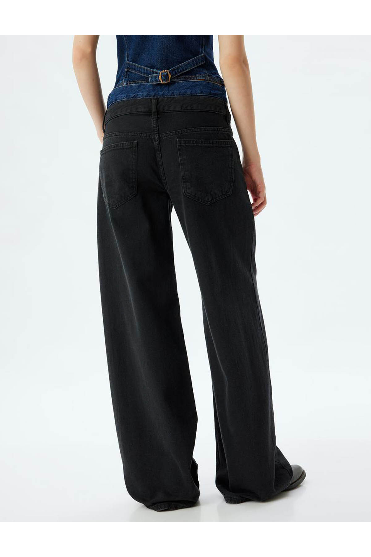 Bol Kesim Kot Pantolon Çift Bel Detaylı Düğmeli - Loose Straight Fit Jean