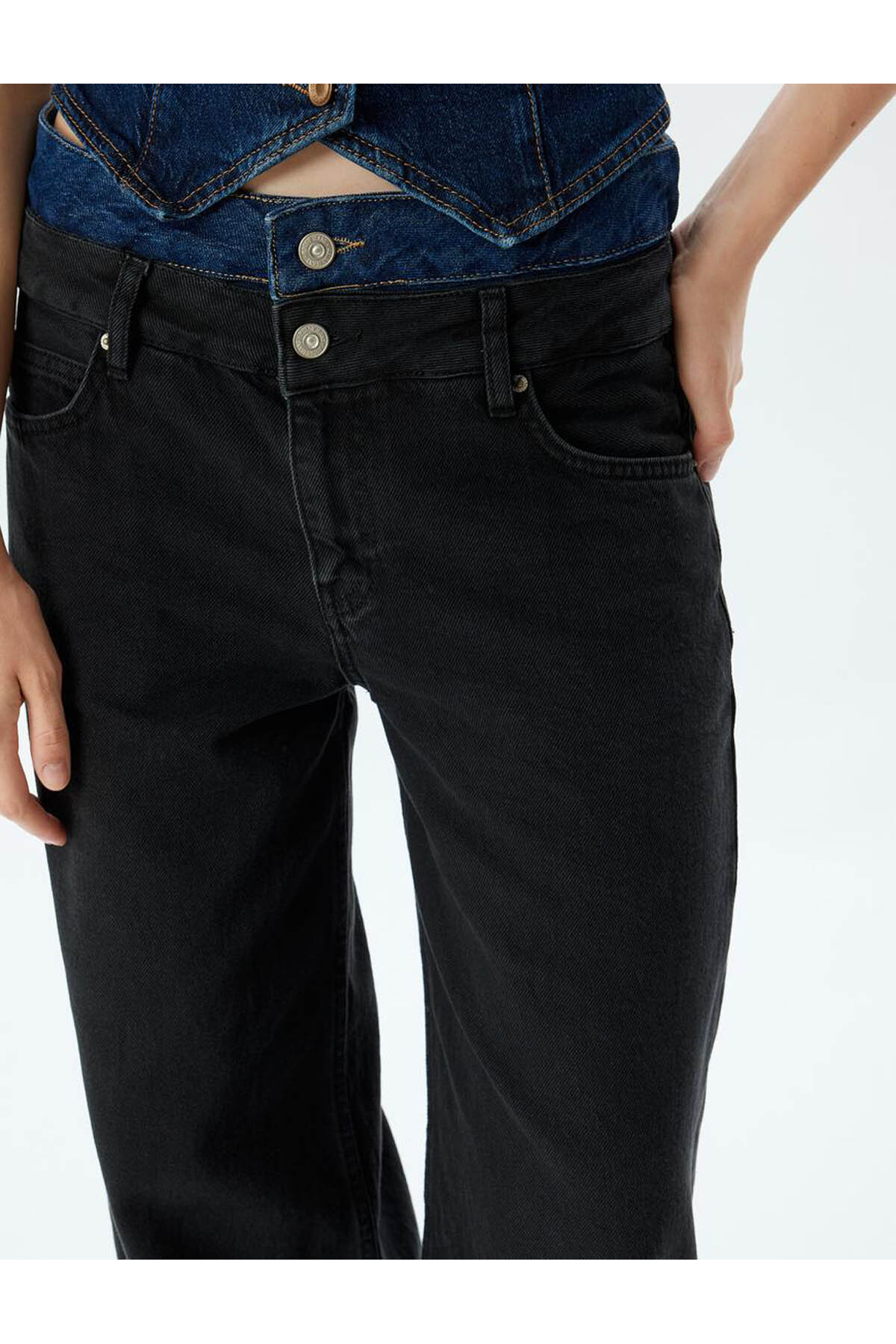 Bol Kesim Kot Pantolon Çift Bel Detaylı Düğmeli - Loose Straight Fit Jean
