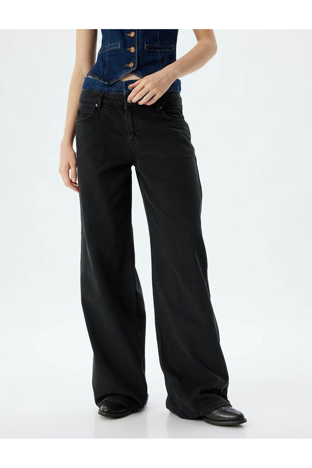 Bol Kesim Kot Pantolon Çift Bel Detaylı Düğmeli - Loose Straight Fit Jean