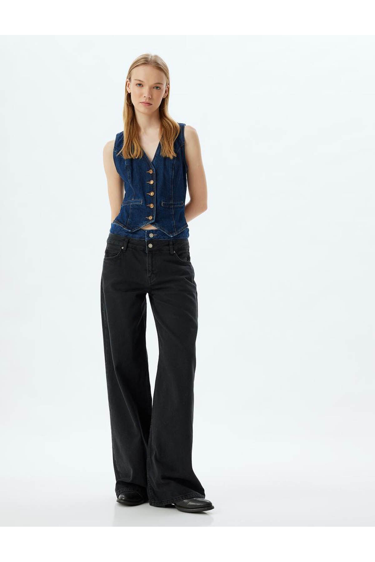 Bol Kesim Kot Pantolon Çift Bel Detaylı Düğmeli - Loose Straight Fit Jean