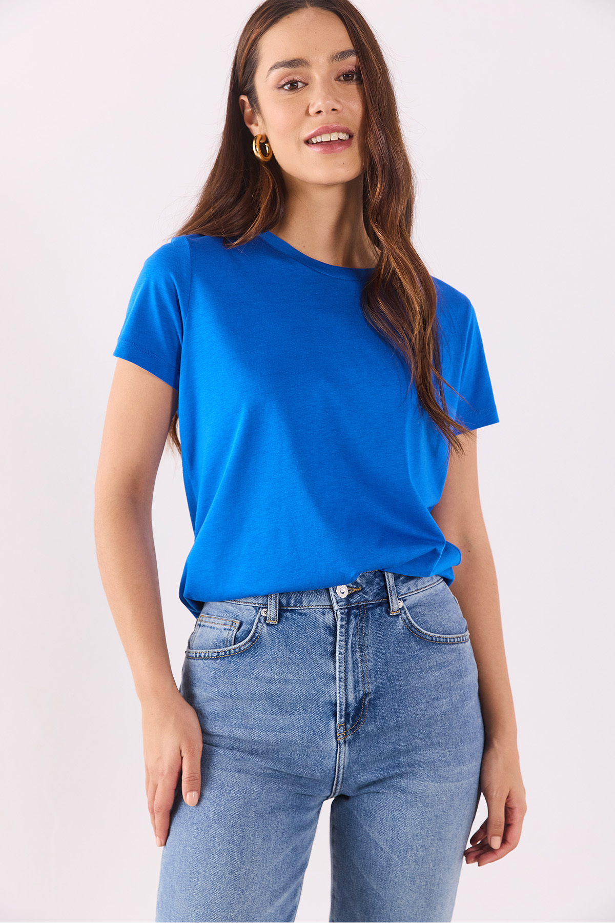 Boyfriend Bisiklet Yaka Regular Fit Modal Tişört(TENCEL)(TM) - SAFİR