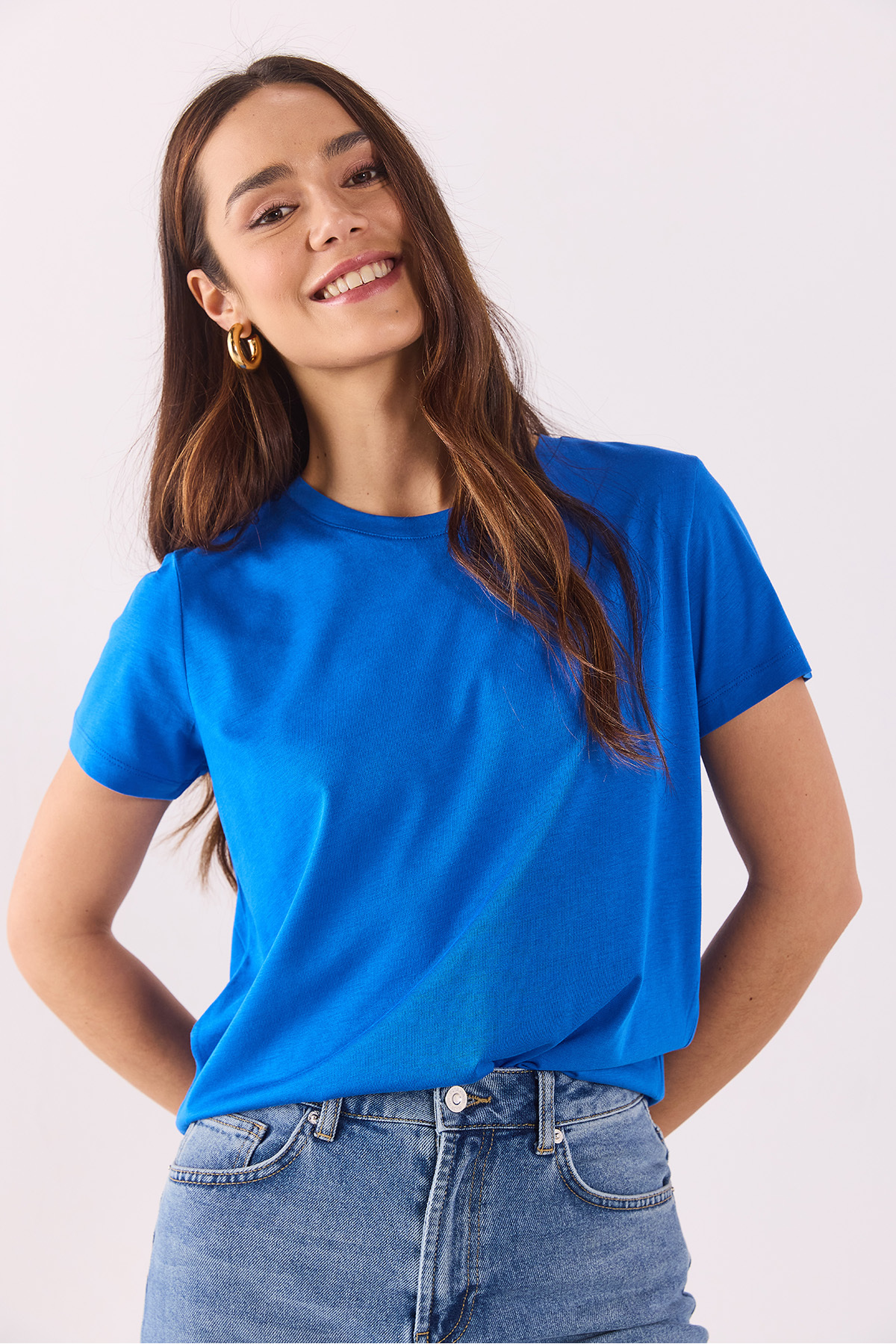 Boyfriend Bisiklet Yaka Regular Fit Modal Tişört(TENCEL)(TM) - SAFİR