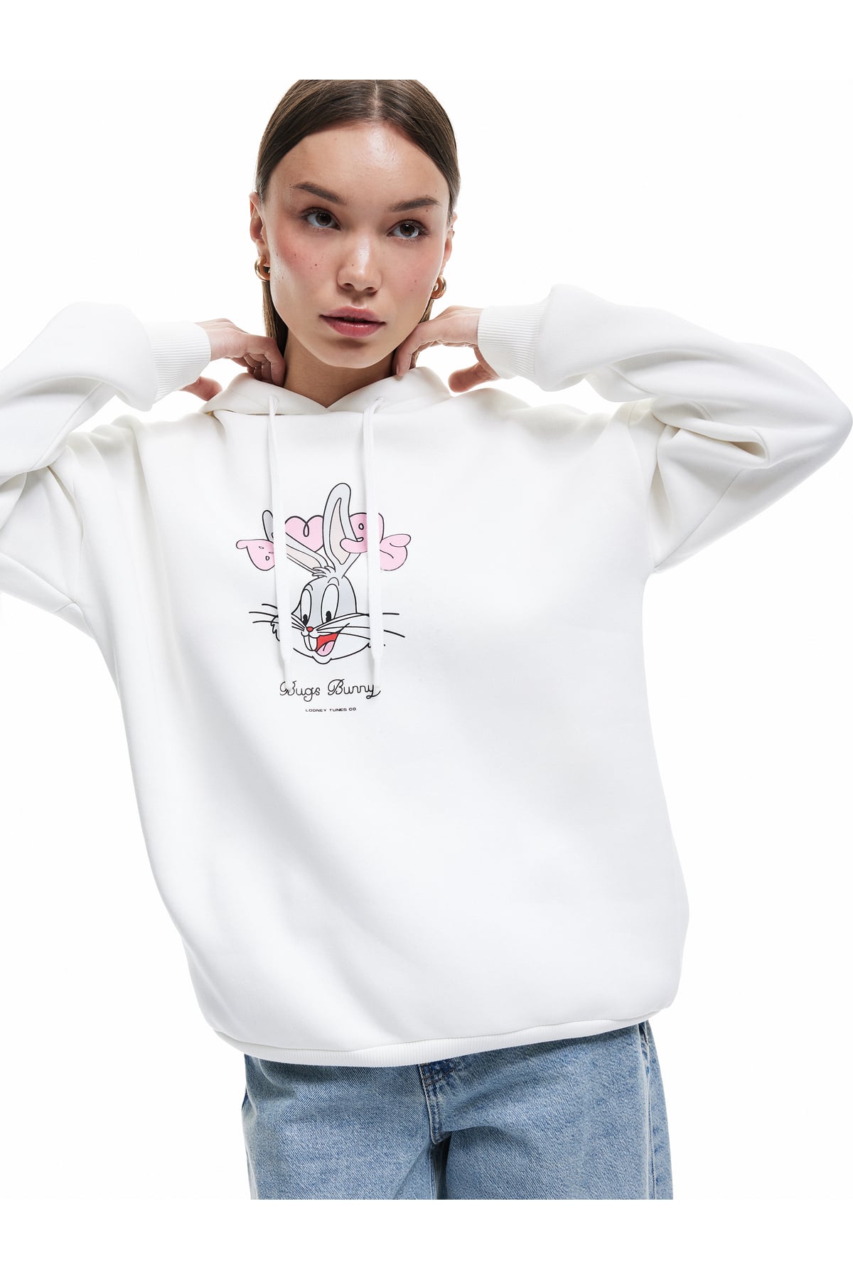 Bugs Bunny Lisanslı Arkası Baskılı Şardonlu Uzun Kollu Kapüşonlu Oversize Sweatshirt